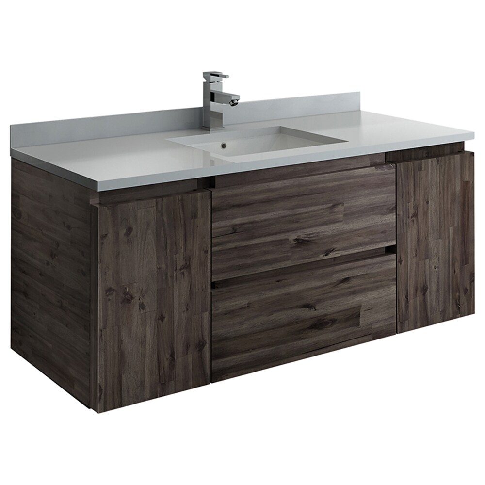 Formosa 48" Wall-Mounted Transitional Bathroom Vanity in Brown with Quartz Top