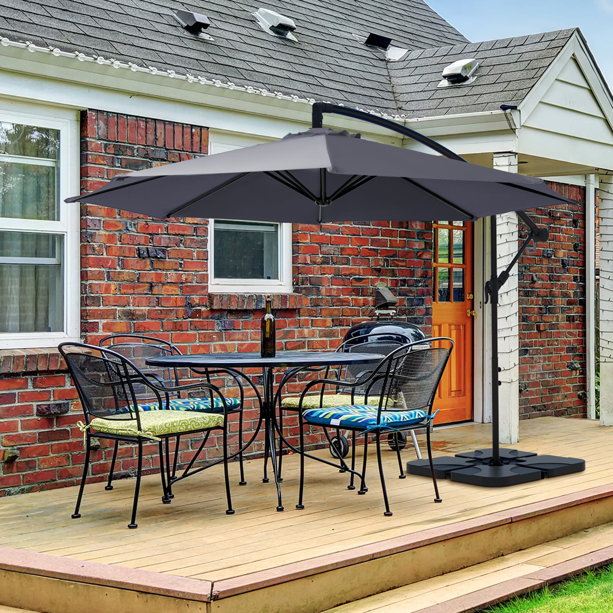 JEAREY JE-SXJS+DDSD-10FT-GR 10-ft Aluminum Gray Crank Offset Patio Umbrella with Base