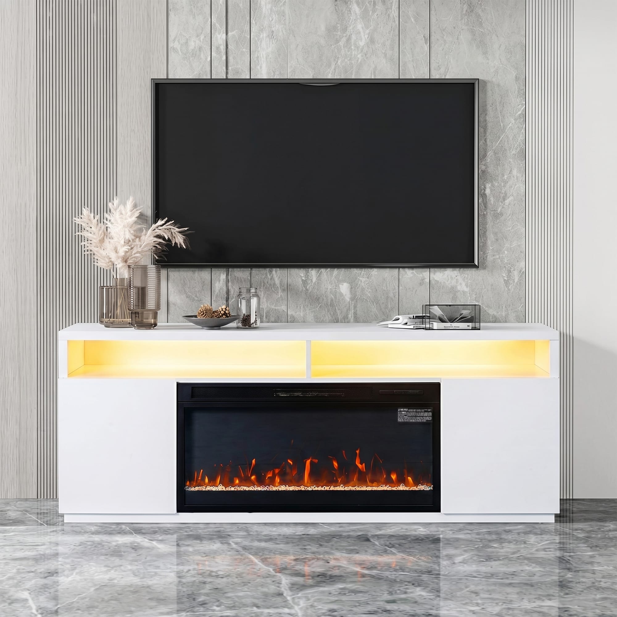 IHOMEadore 68-in W White TV Stand with LED Flat Wall Electric Fireplace with Remote Control Included
