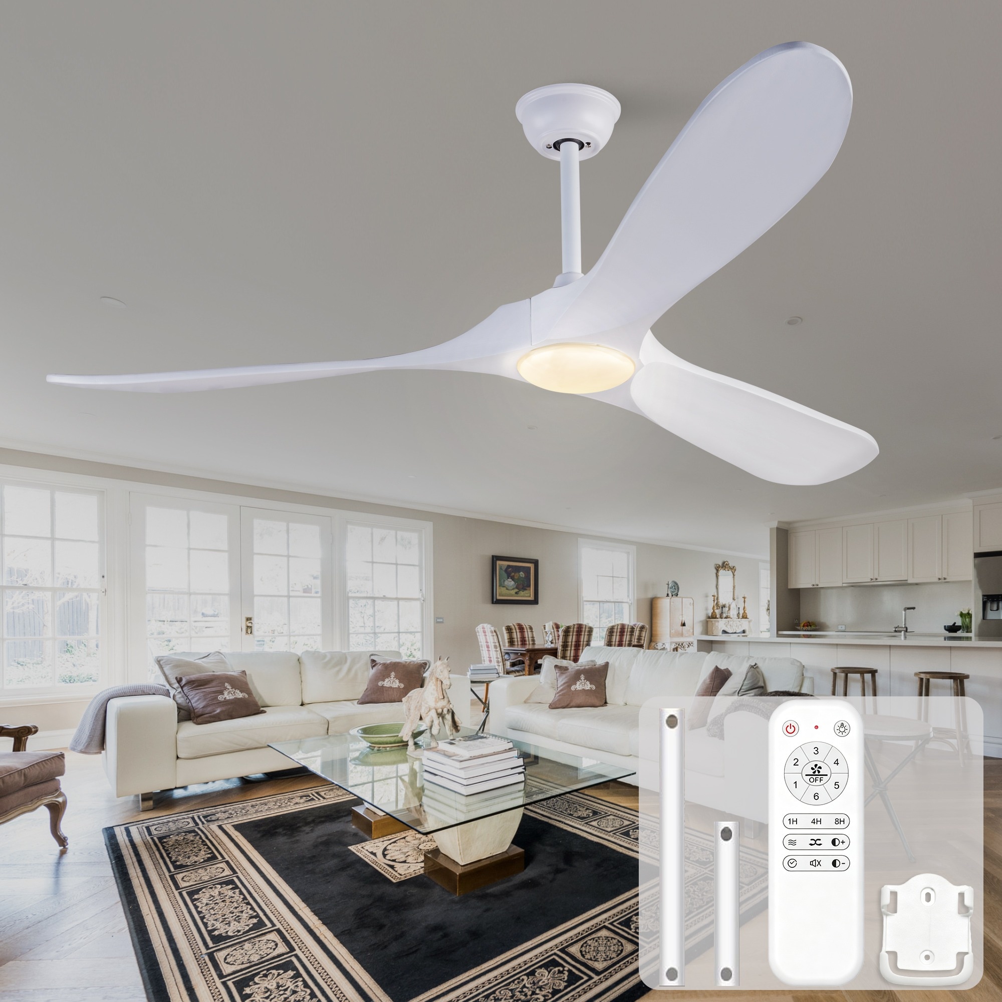 HyperDrop Cart 60-in White Solid Wood 3-Blade Ceiling Fan with 3CCT Light and 6-Speed Silent DC Motor for Villa Living Room