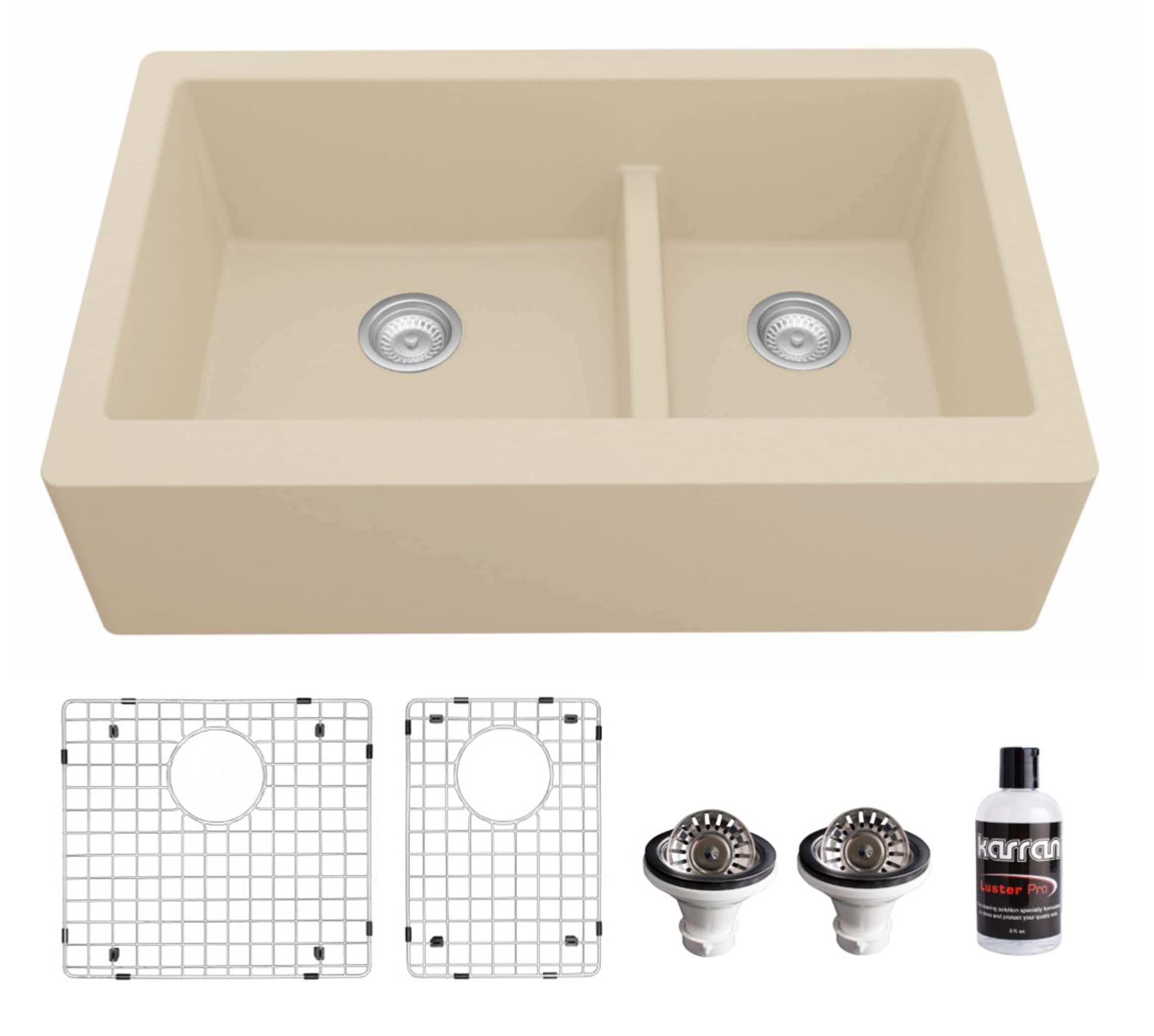 Karran QA-760-BI-PK1 Farmhouse apron front 34-in x 21.25-in Quartz Double offset bowl Kitchen Sink