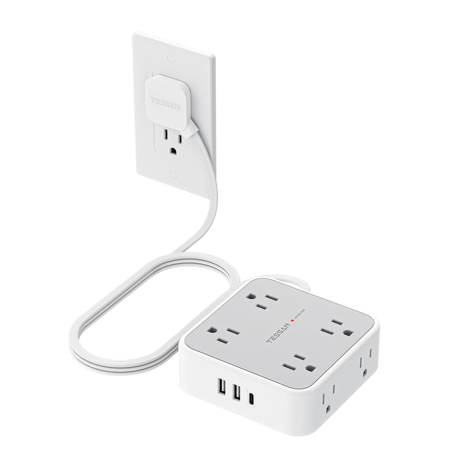 LENCENT 8-Outlet Surge Protector Power Strip with 3 USB Ports (1 USB-C) 900J Surge Protection Flat Plug 5 Ft Extension Cord 3-Sided Outlet Extender with Power Switch