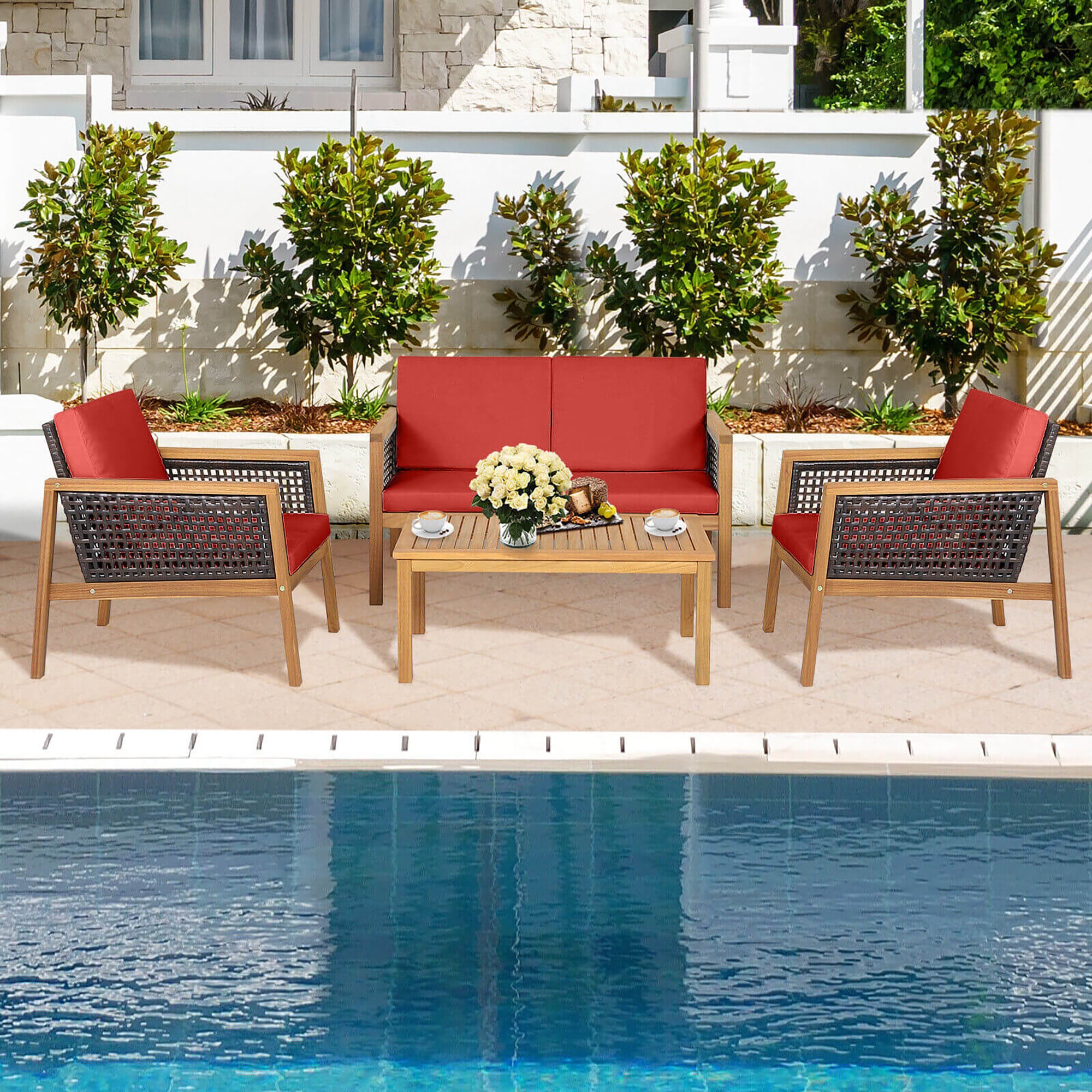 BABOOM BOM-4RE+-CO Outdoor Furniture Sofa Set 4-Piece Rattan Patio Conversation Set with Red Cushions