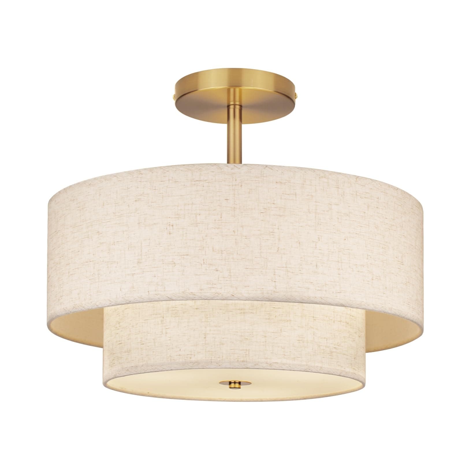 Lukvuzo  18 Inch Semi Flush Mount Ceiling Light Dual Drum Linen Shade Gold Finish Modern Farmhouse Fixture for Bedroom Living Room Kitchen 1 Piece