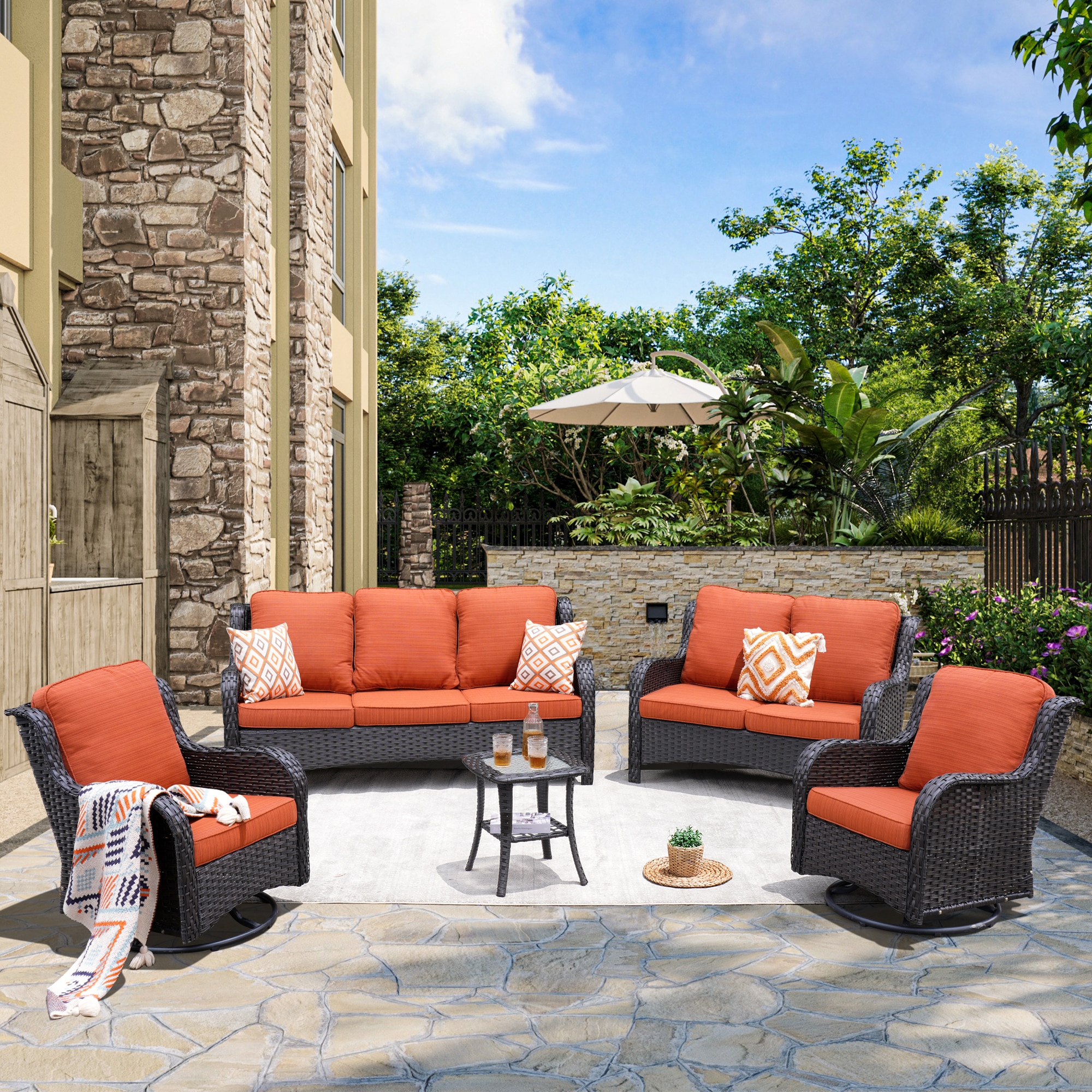 Ovios NTC8-6Y 5 -Piece Wicker Patio Sofa Conversation Set with Orange Cushions