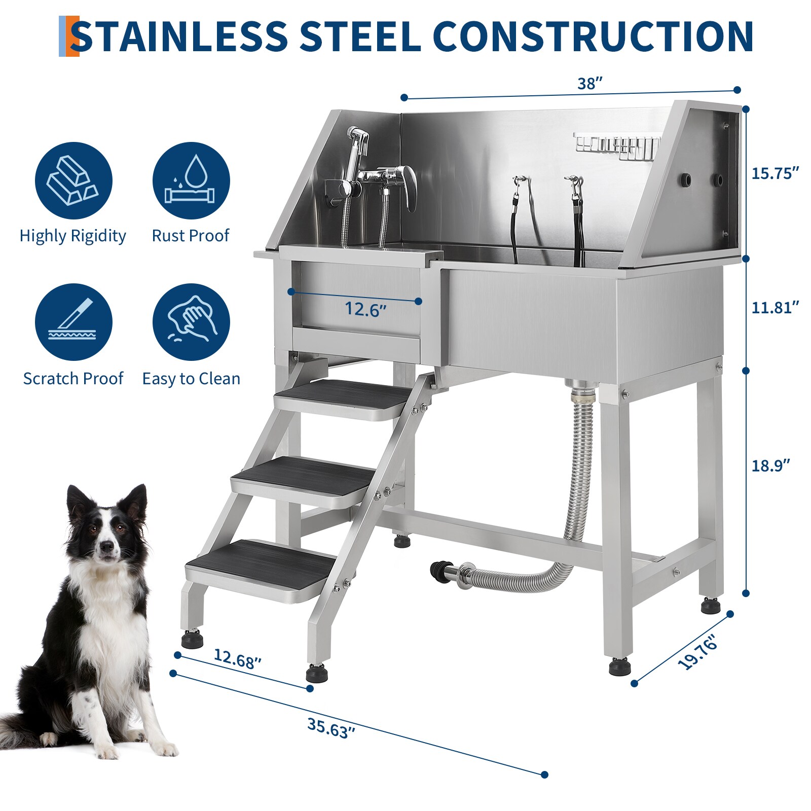 IdealHouse Professional Stainless Steel Dog Grooming Tub with Stairs ...
