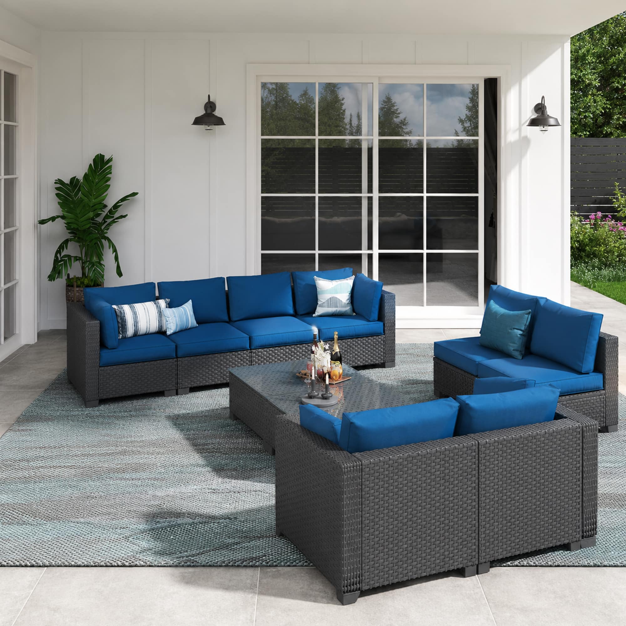 HYALON 10-Piece Rattan Wicker Outdoor Patio Conversation Sofa Seating Set with Coffee Table and Navy Blue Cushions and Sofa Cover