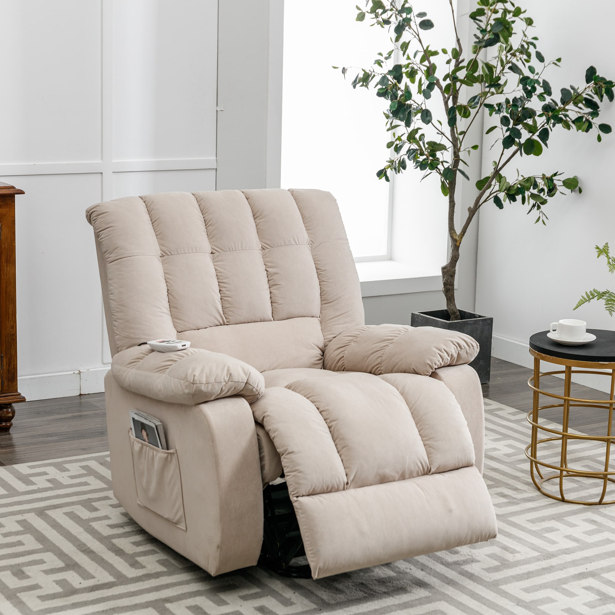 Nestfair RC0920A Recliners Beige Velvet Upholstered Powered Reclining Recliner with Lift Assistance