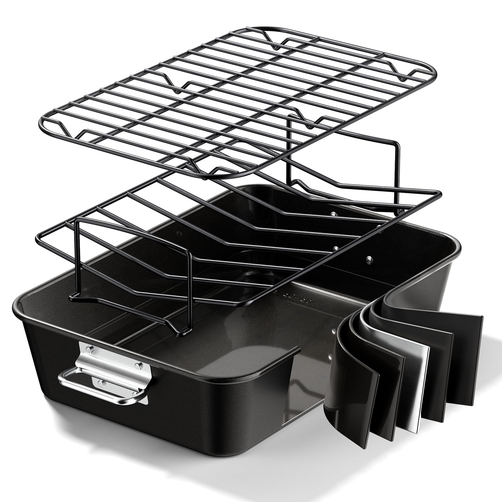 Aoibox  16 in x 11 in Black Carbon Steel Ceramic Nonstick Turkey Roasting Pan with V Rack and Flat Rack Dishwasher Safe