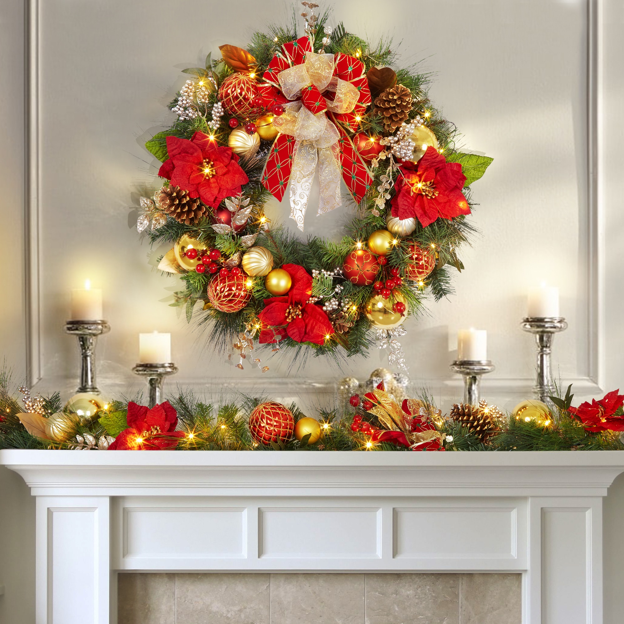 Garvee - 30 Inch Pre-Lit Christmas Wreath for Front Door - 40 LED Lights - Red and Gold Indoor/Ou...