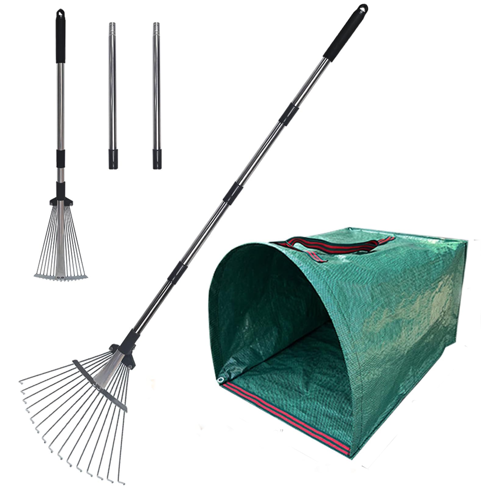 Etokfoks  Adjustable Length Stainless Steel Leaf Rake with Expandable Head Metal Pool Cleaning Tool for Yard and Lawn