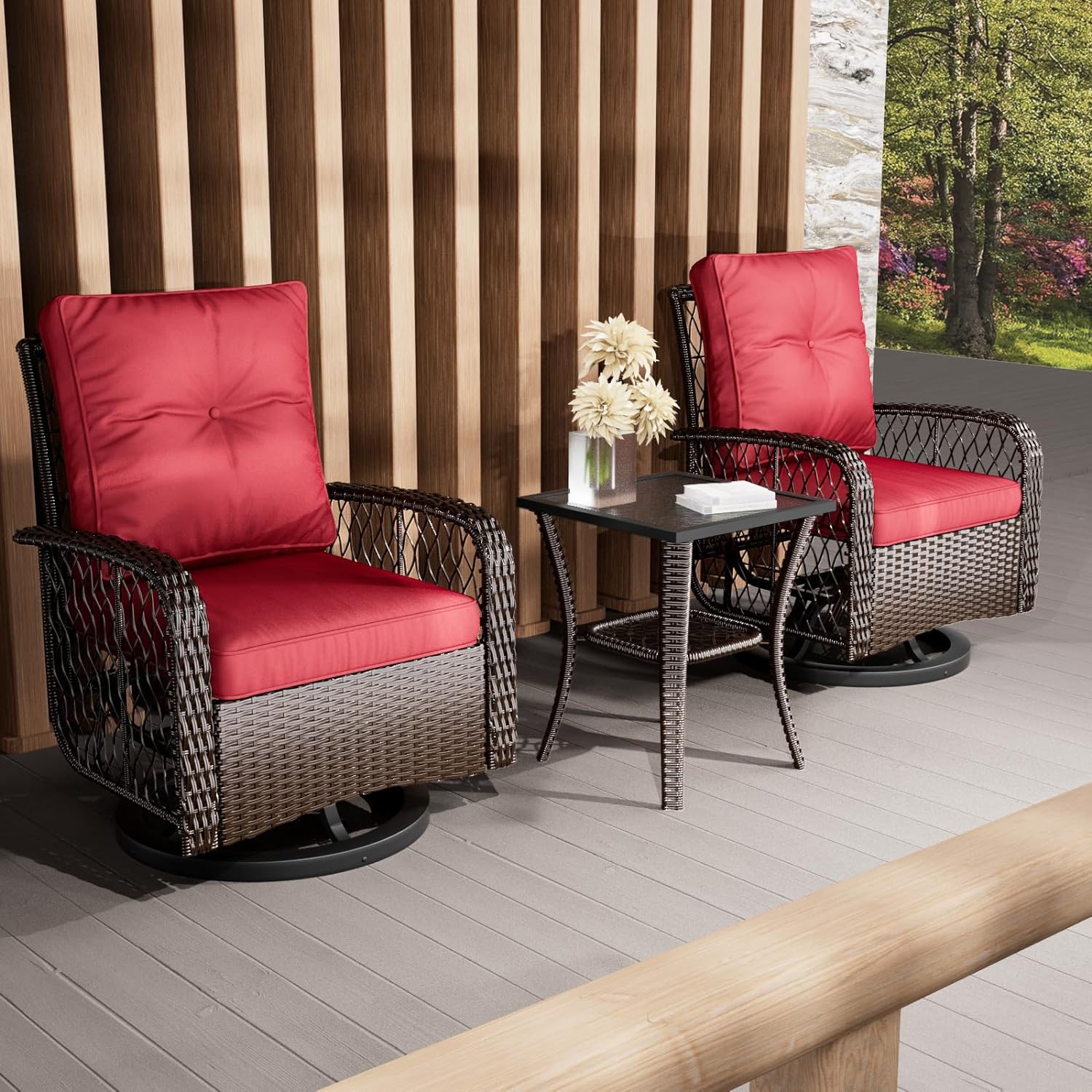 Red Cushioned Wicker Patio Bistro Set with Swivel Rocking Chairs