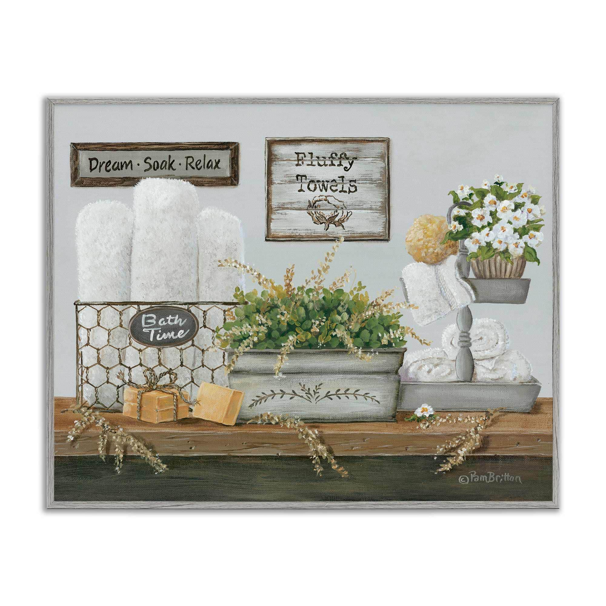 Stupell Industries Country Washroom Counter Still Life Bathroom Towel Gray Framed Giclee Art 14 x 11