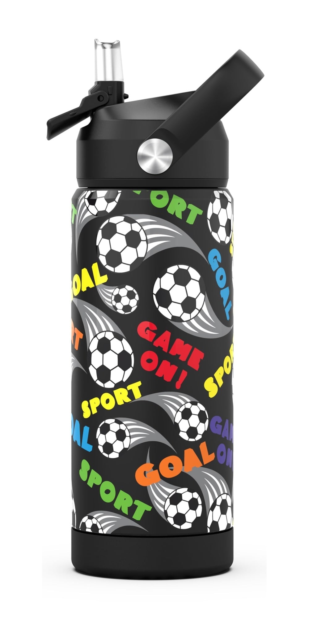 ITOPFOX  Kids Water Bottle with Straw 18 oz Stainless Steel Insulated Bottle Leak Proof Soccer Design for Boys School Sports Travel Double Wall
