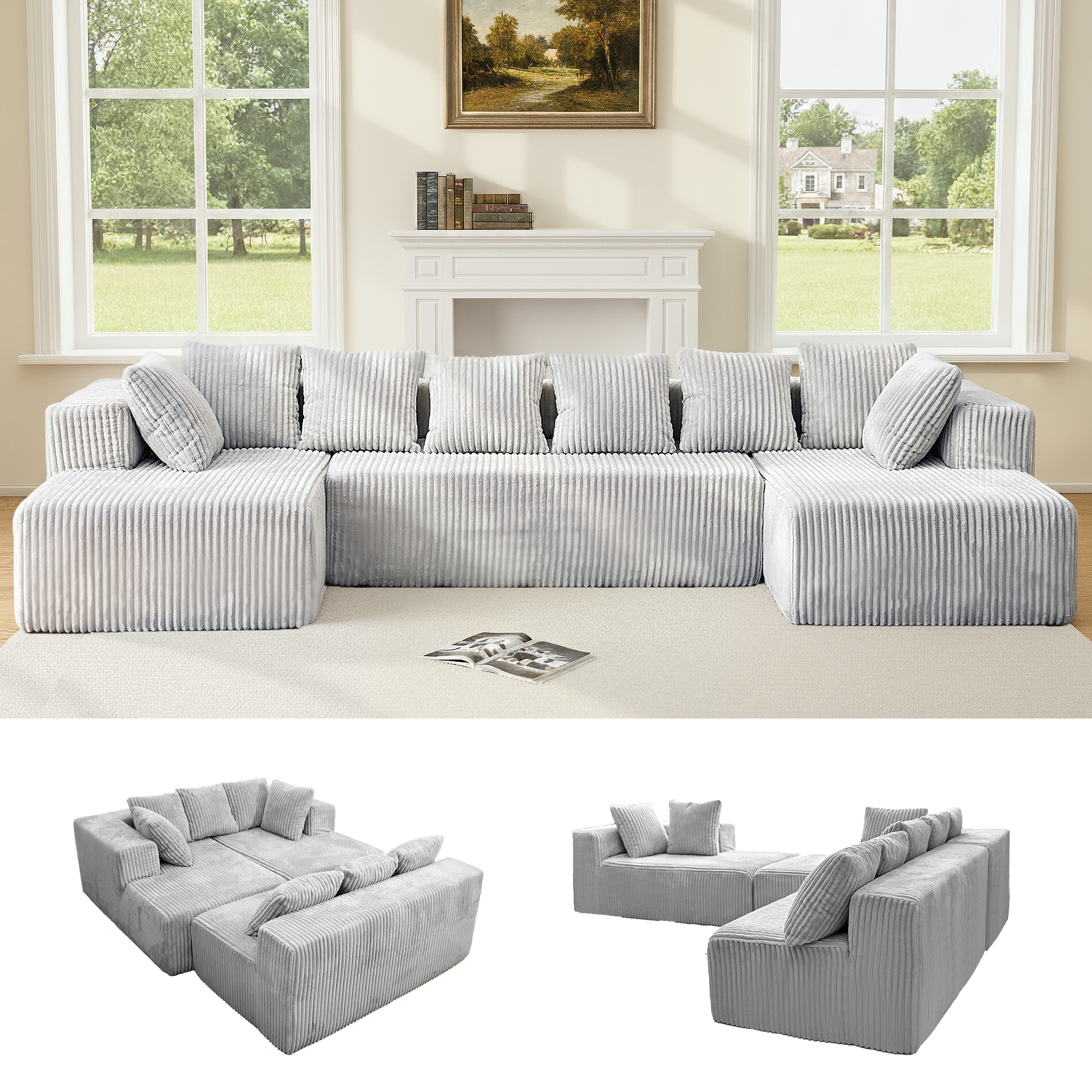 Tatayosi JL-276S00007 130-inch 4-Seater Modular U-Shaped Sectional Sofa Reversible Gray Striped Corduroy for Living Room