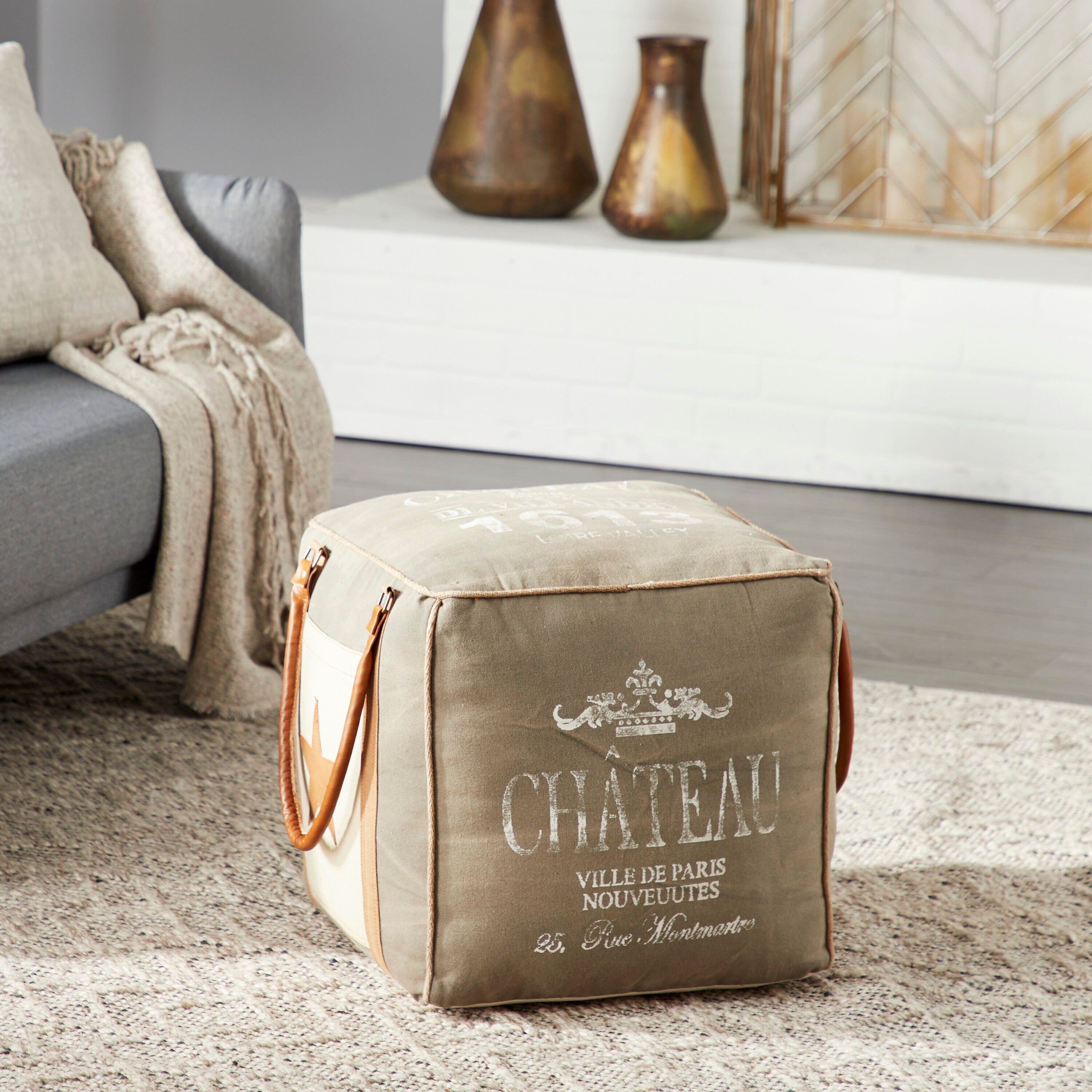 Gray Canvas and Leather Tufted Square Pouf, 19"