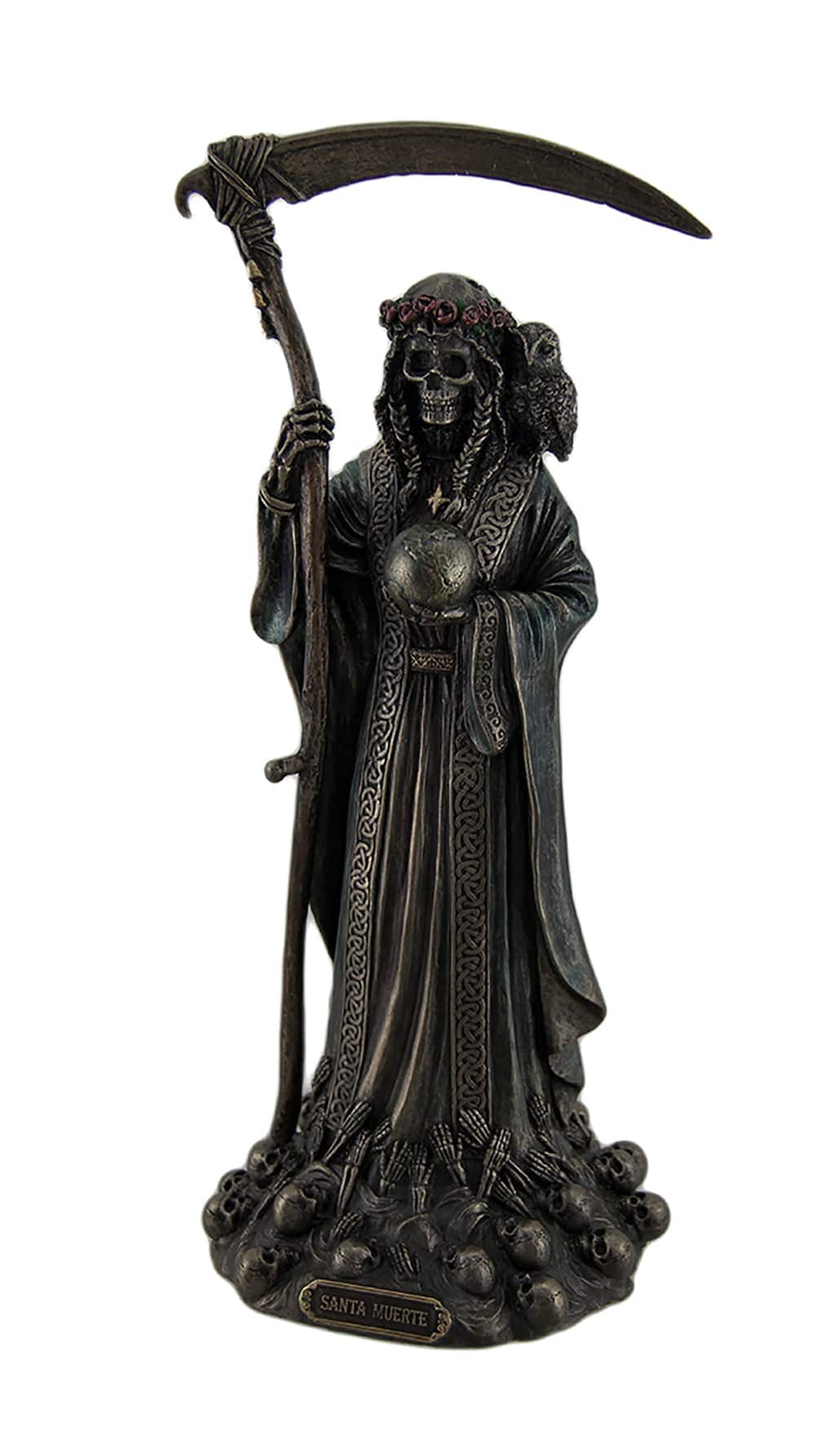 Veronese Design US-WU76845A4 Santa Muerte Antique Bronze Finish Grim Reaper Statue - With Scythe and Globe - Hand Painted Accents - 11.5 Inches High - Scythe- Globe - for Altars and Spiritual Devotion