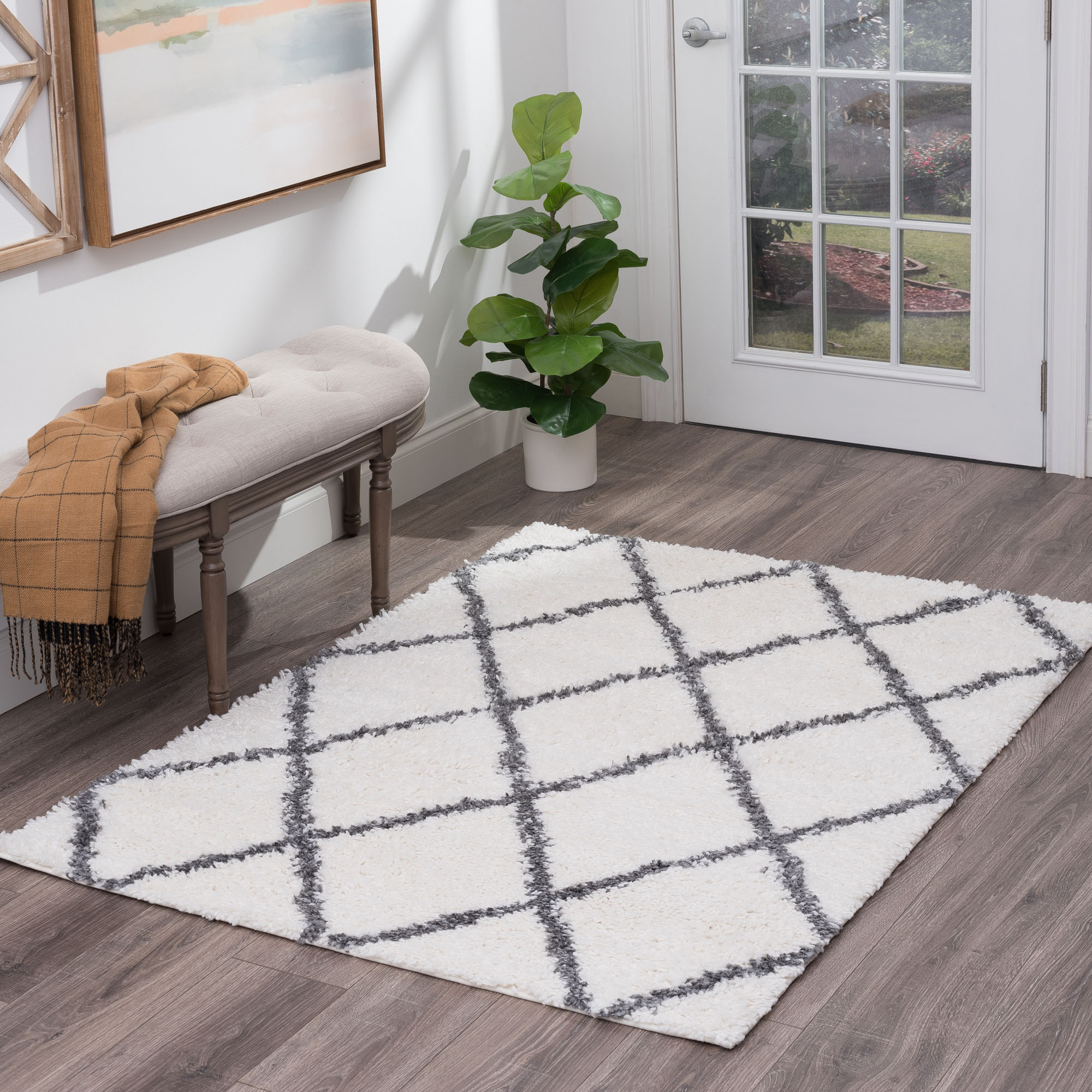 Tayse SOH1200 3X5 Soho Shag 3 x 5 (ft) Loomed Polypropylene White Rectangular Indoor Geometric Mid-Century Modern Area rug