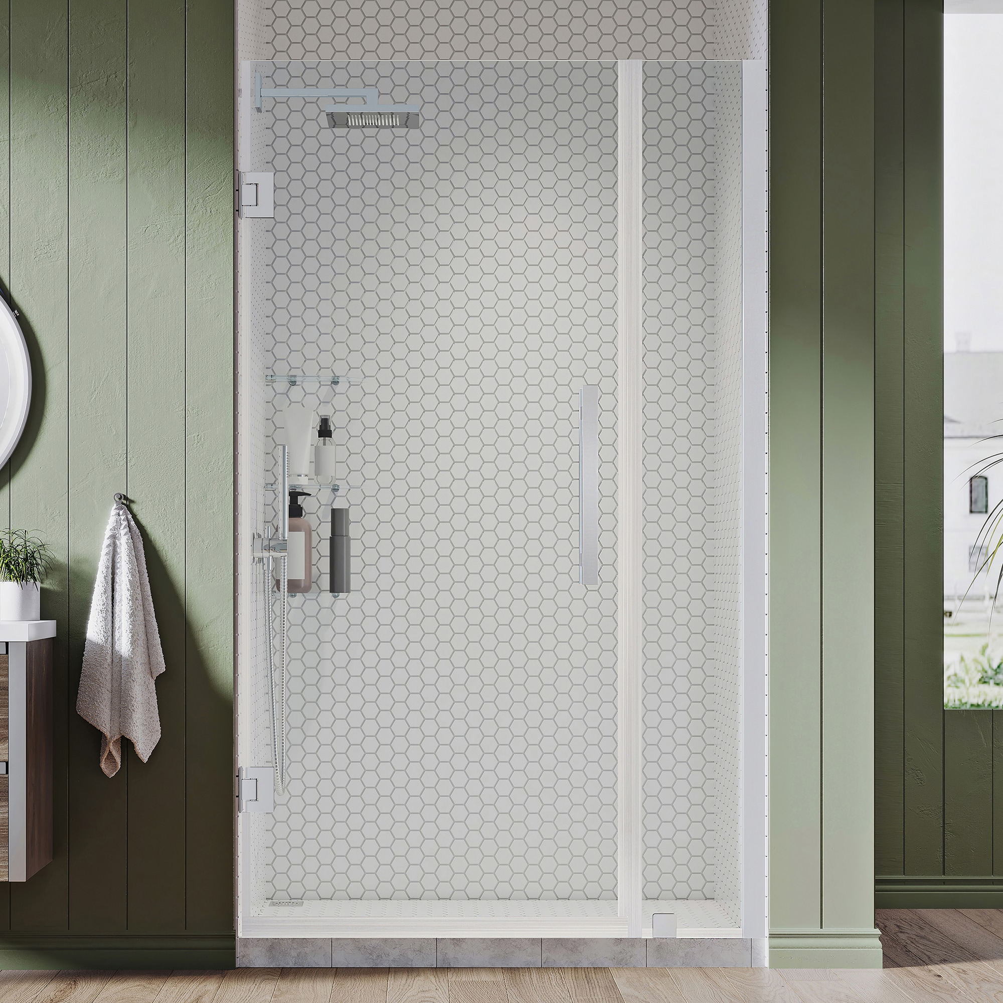 OVE Decors 828796063593 Tampa-Pro Polished chrome 37-15/16-in to 39-1/16-in W x 72-Inches H Frameless Pivot Shower door 5/16-in Thick Clear Glass