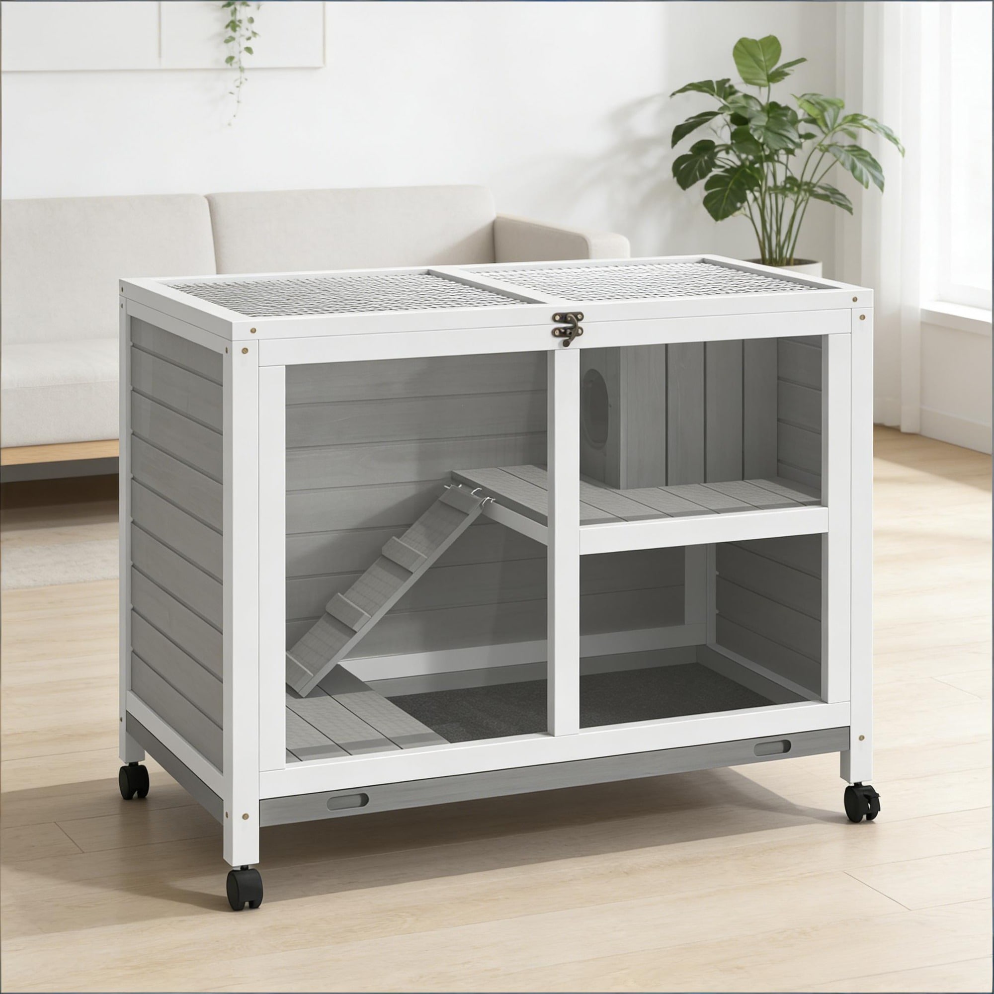 HyperDrop Cart Heavy-Duty Rolling Solid Wood Bunny Cage Small Rabbit ...