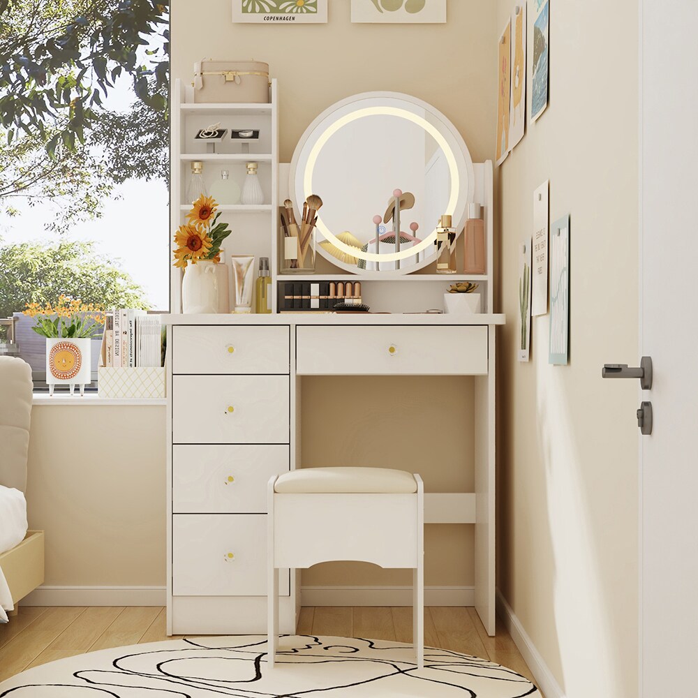  V-WFKF210095-03 Makeup Vanity Set with Round LED Mirror 5-Drawer Dressing Table Storage Shelves and Stool