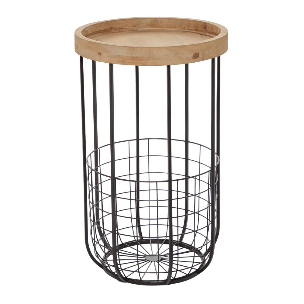 Grayson Lane Black with Brown Top and Wire Basket Storage Wood Round Industrial End in the Tables department at Lowes.com