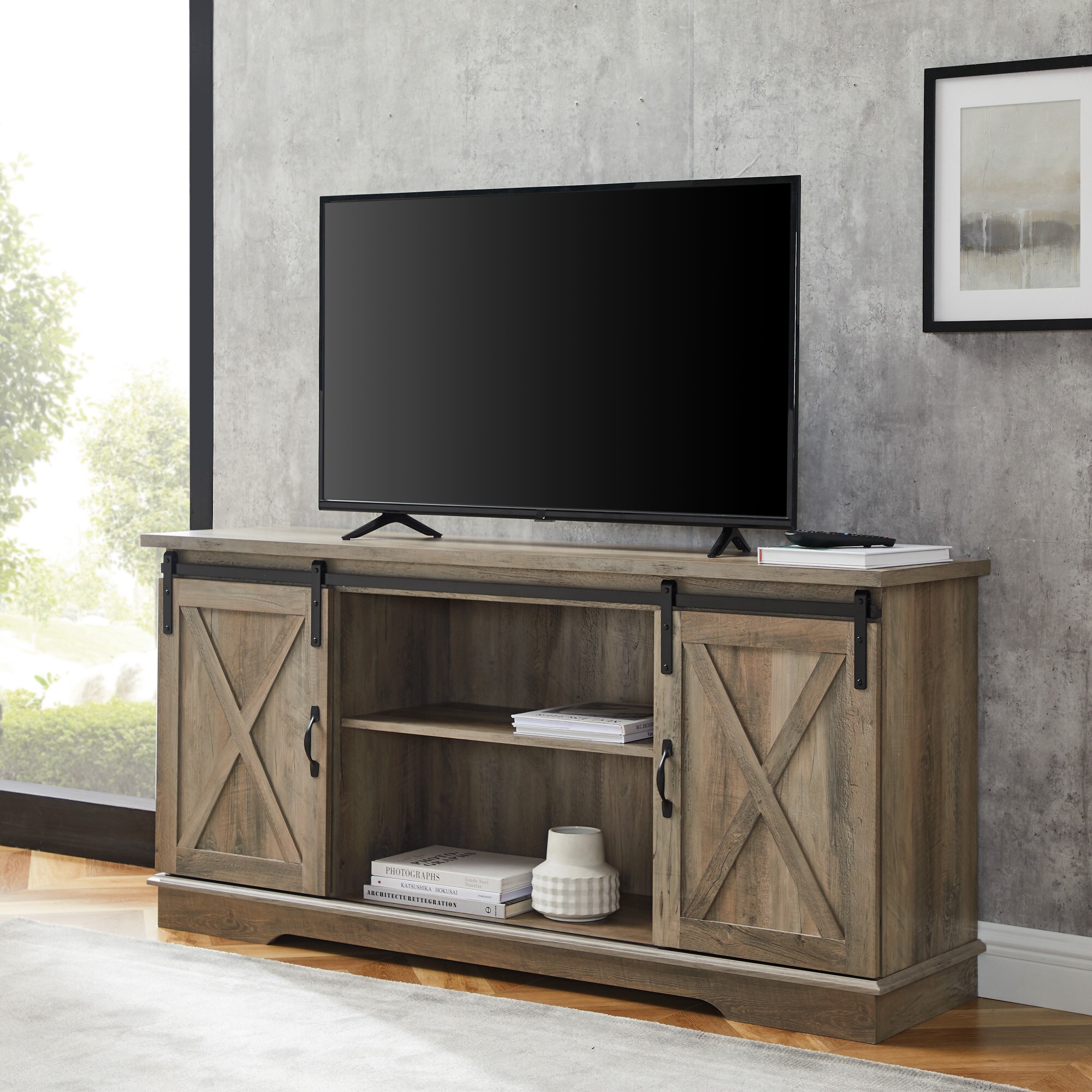 Walker Edison Transitional Grey Wash Tv Stand (Accommodates TVs up to ...