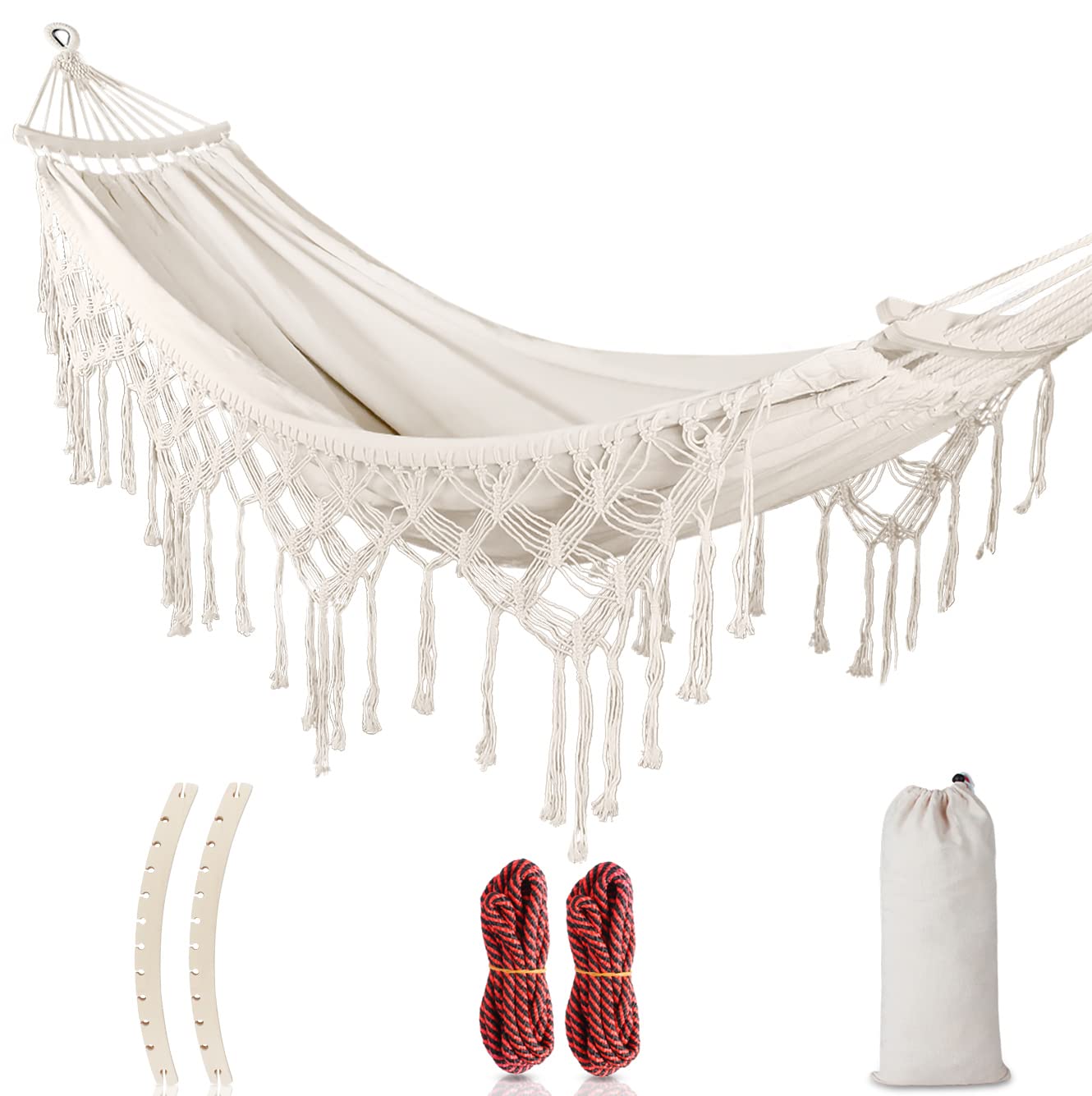 Aoibox White Canvas Portable Tassel Hammock with Balanced Wooden Bars ...