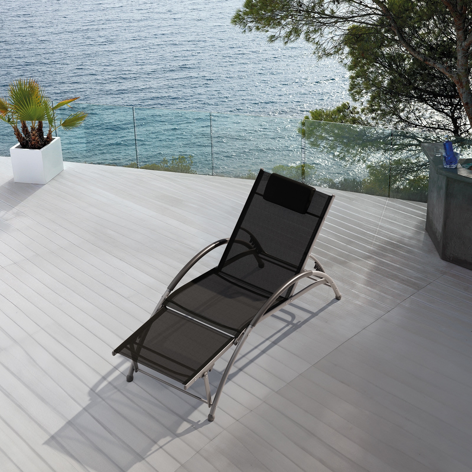 JEAREY YMLZ-TY-HH Patio Aluminum Lounge Rocking Chair BLACK Aluminum Frame Stationary Chaise Lounge Chair with Black Solid Seat
