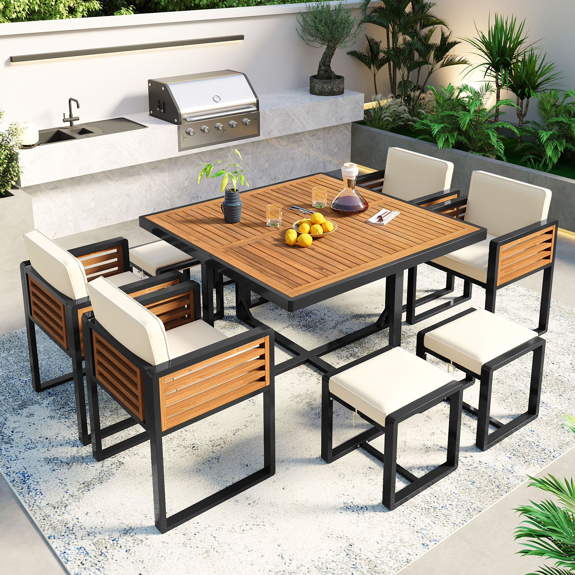 Mondawe MO-ZY22783 7 -Piece Black Patio Dining Set Wood Square Table with 4 Off-white Cushions Stationary Chairs