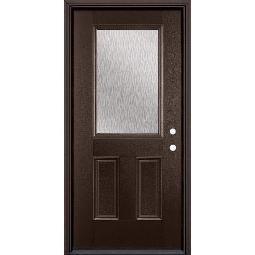 Masonite 628083 Double Water Textured Glass 36-in x 80-in x 4-9/16-in Fiberglass Half lite Left-hand inswing Walnut Stained Prehung Front Door with Brickmould Insulating core