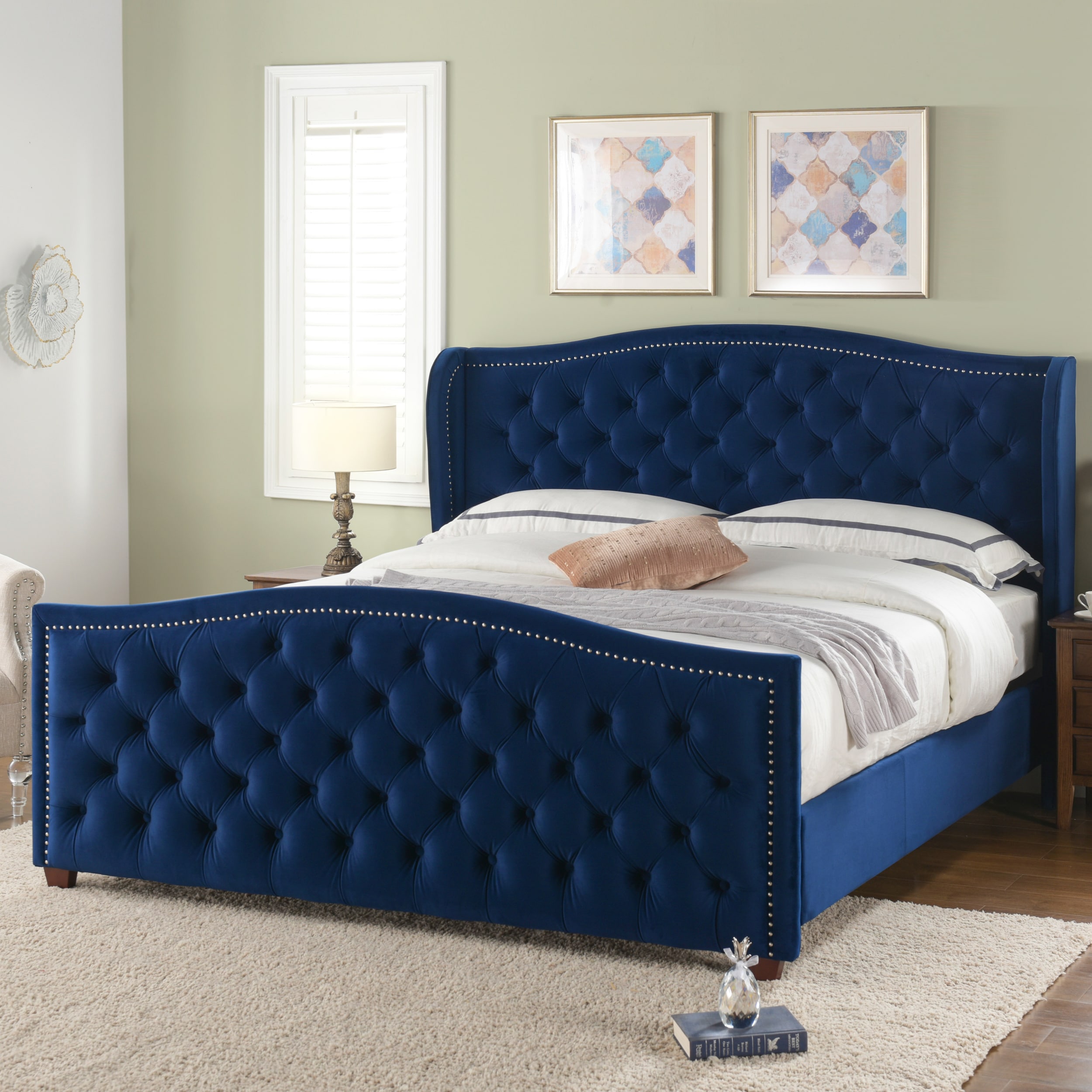 Jennifer Taylor Home Marcella Navy Blue Velvet King Upholstered Panel Bed  in the Beds department at