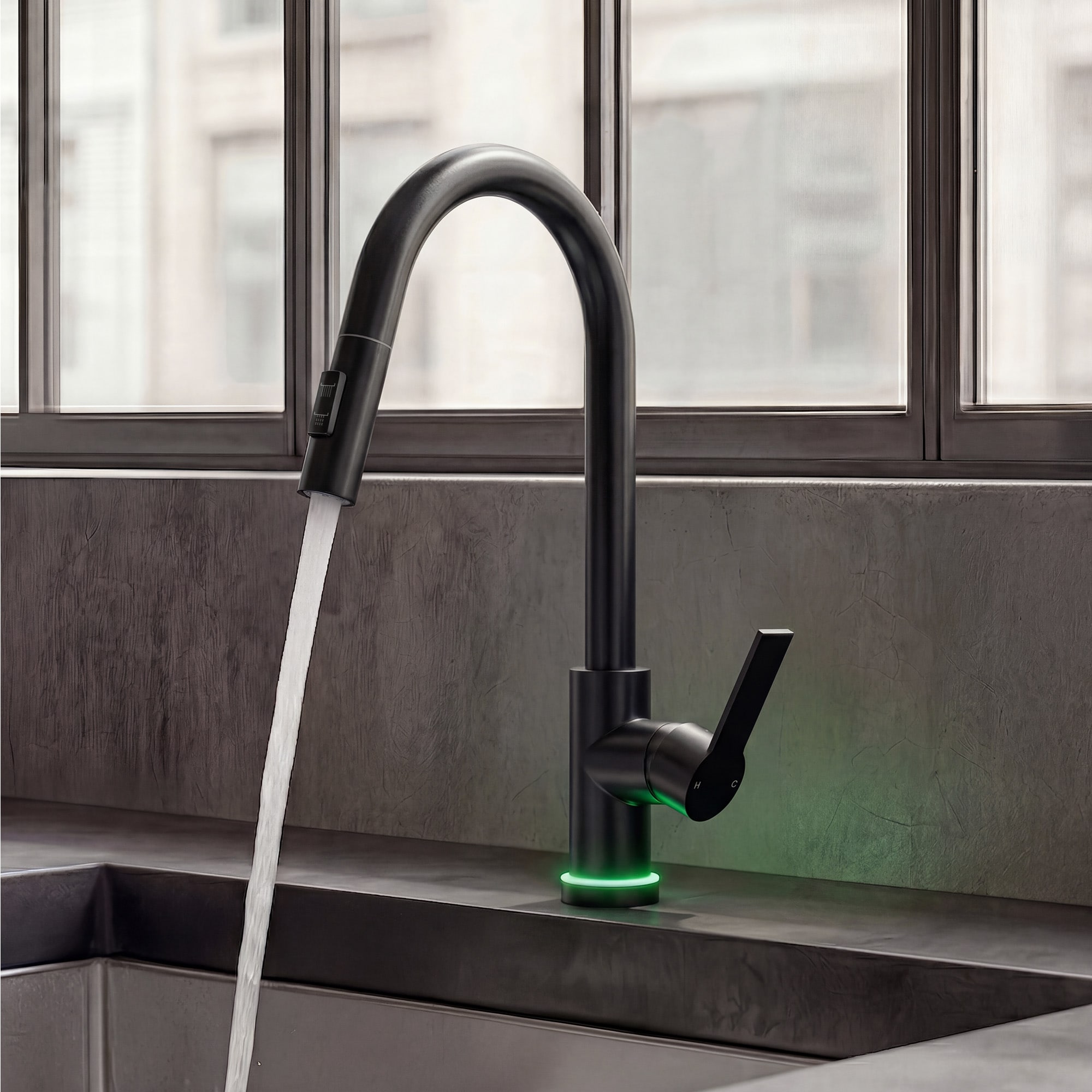 GRANDJOY  Matte Black High Arc Kitchen Faucet with LED Temperature Display and Pull Down Sprayer 16 Inch Gooseneck