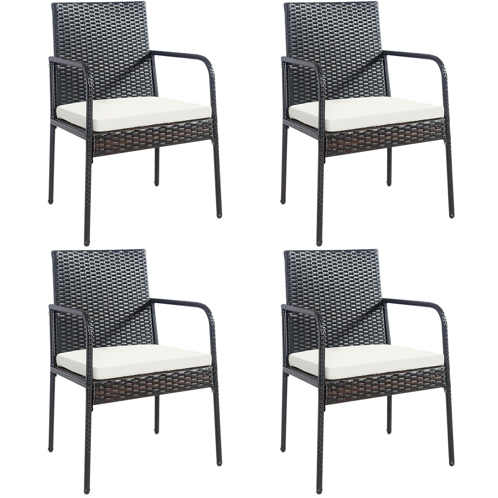 WELLFOR OUG69382 CW Patio Chair Set of 4 Rattan Stackable Black Steel Frame Stationary Dining Chair with Off-white Cushioned Seat