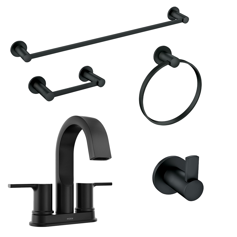 Moen Avri 4in Centerset 2-Handle Bathroom Faucet with 24 in. Towel Bar, Towel Ring, Paper Holder & Robe Hook in Matte Black