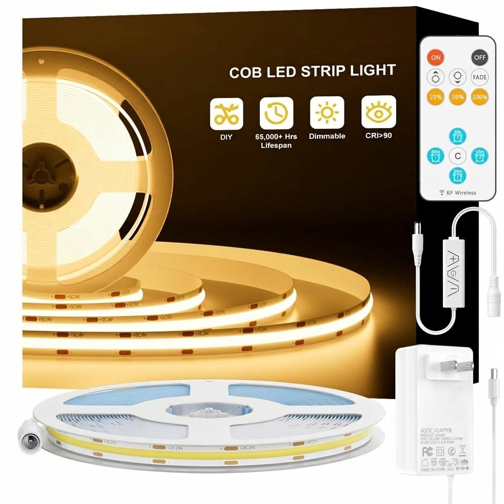 Vrbgify  COB LED Strip Light 32 Feet Warm White 2700K Dotless Dimmable Tape Light with RF Remote for Kitchen Cabinet Shelf Mirror Office Bedroom