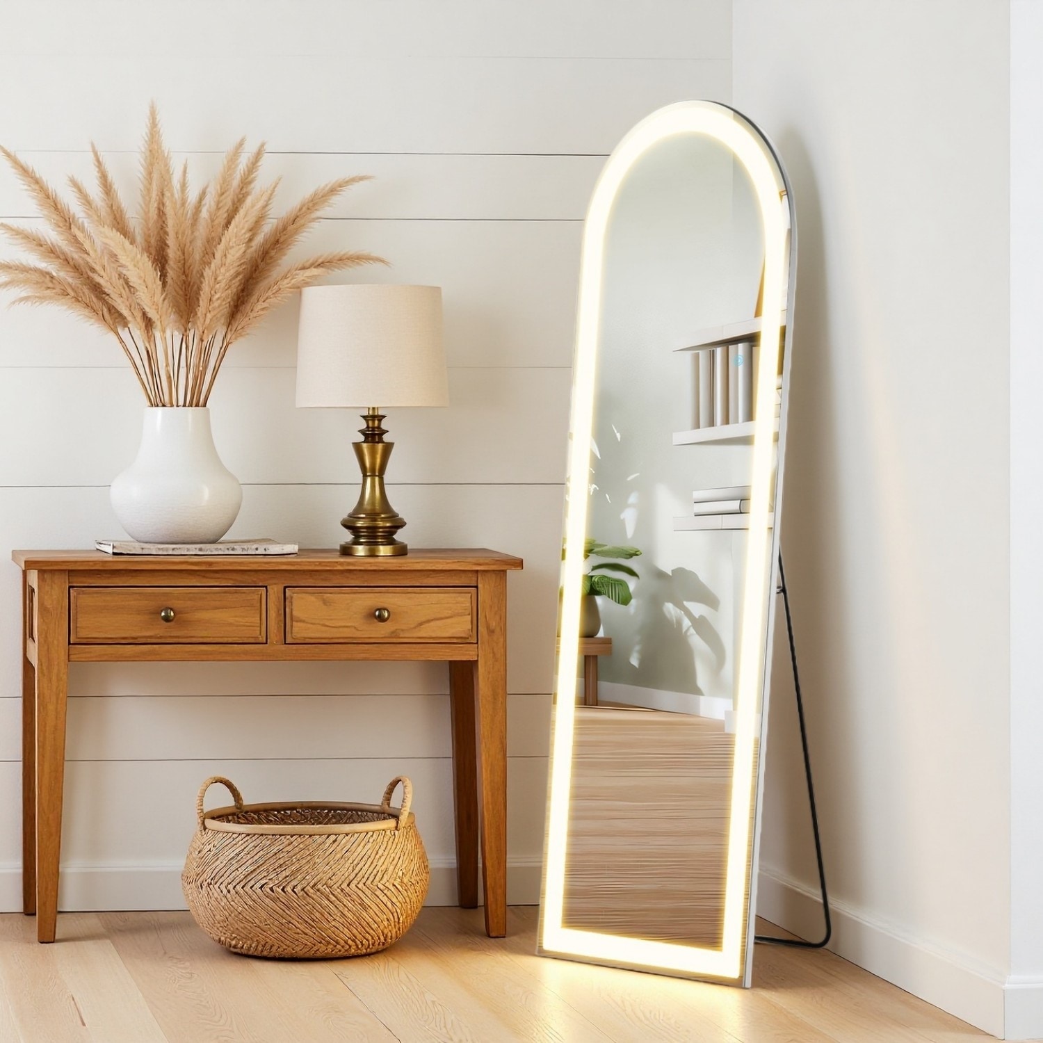 GlasFlength LW-MI-GZLED-1660N-WT 60 Inch Full Length Mirrors Arched Floor Standing Mirror With Stand Wall Mounted Hanging Full-Body Mirror For Bedroom White