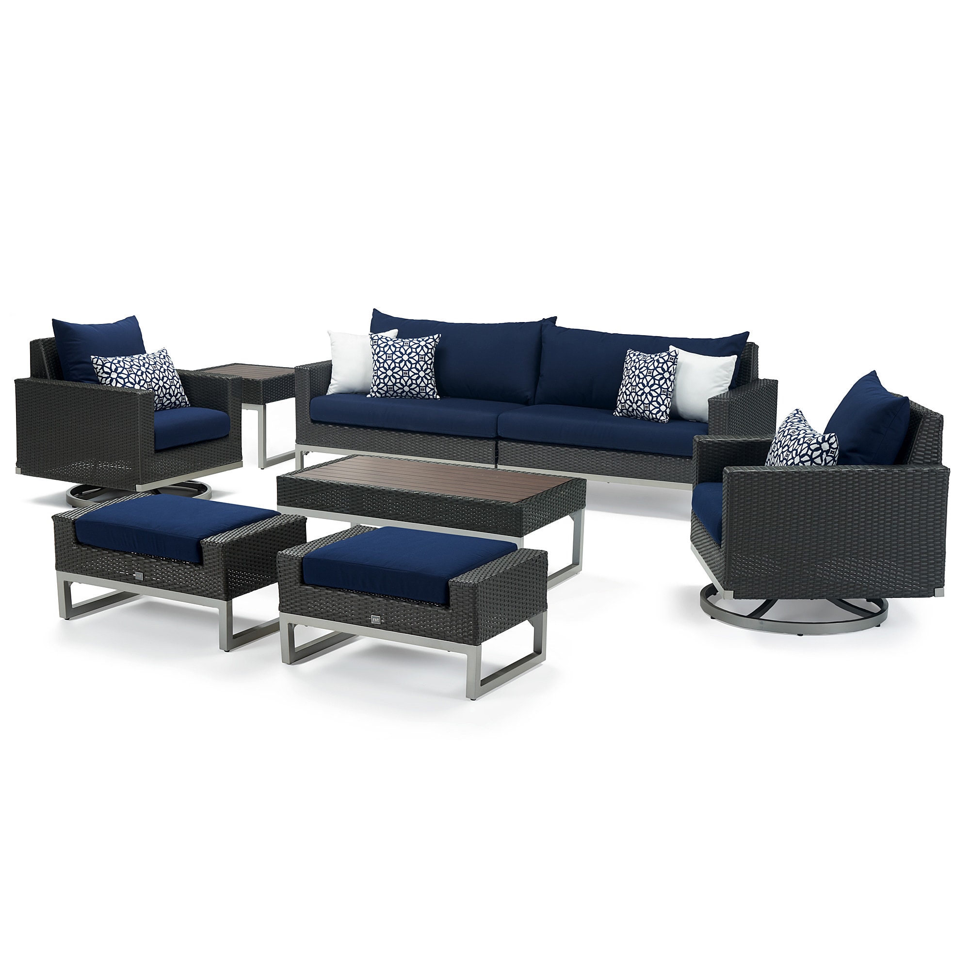RST Brands OP-PESS8M-MILO-E-NVY Milo 8 -Piece Wicker Patio Sofa Conversation Set with Blue Sunbrella Cushions