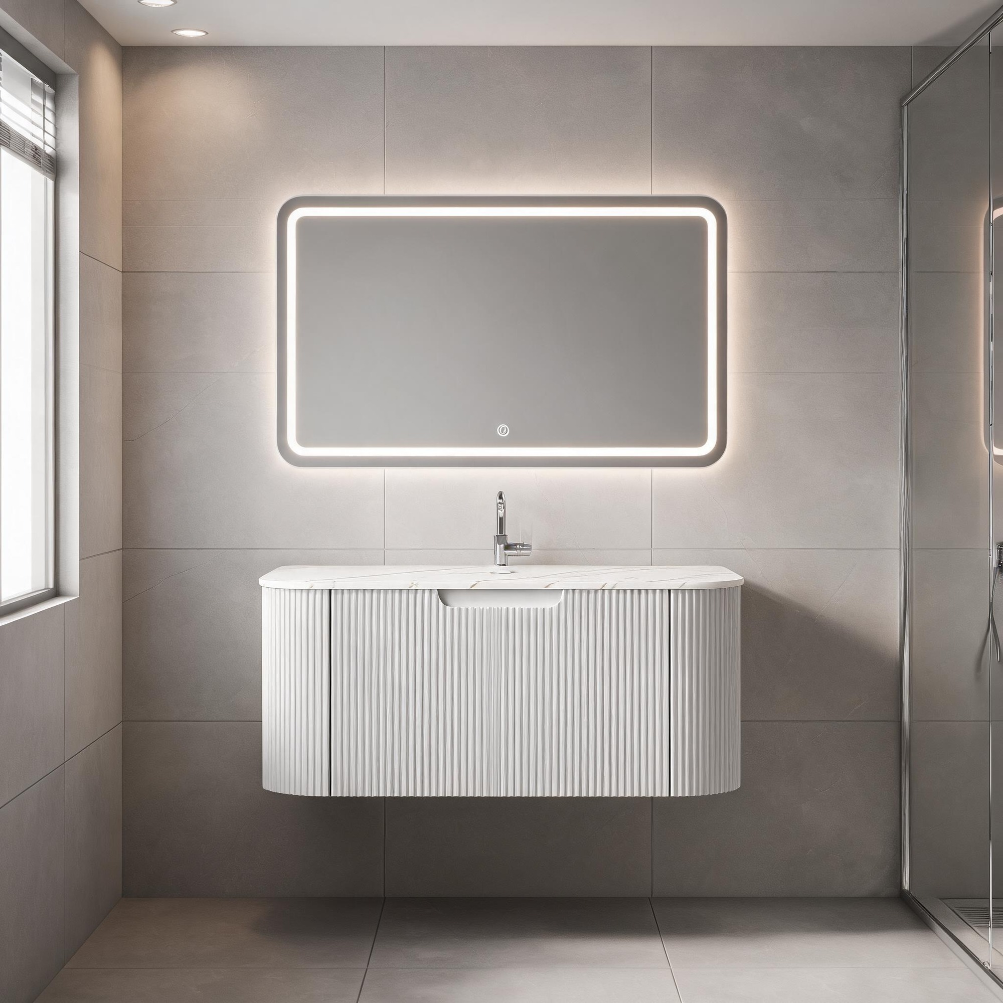 IAK - 30 inch White Plywood Wall Mounted Bathroom Vanity with Carrara White Sintered Stone Counte...