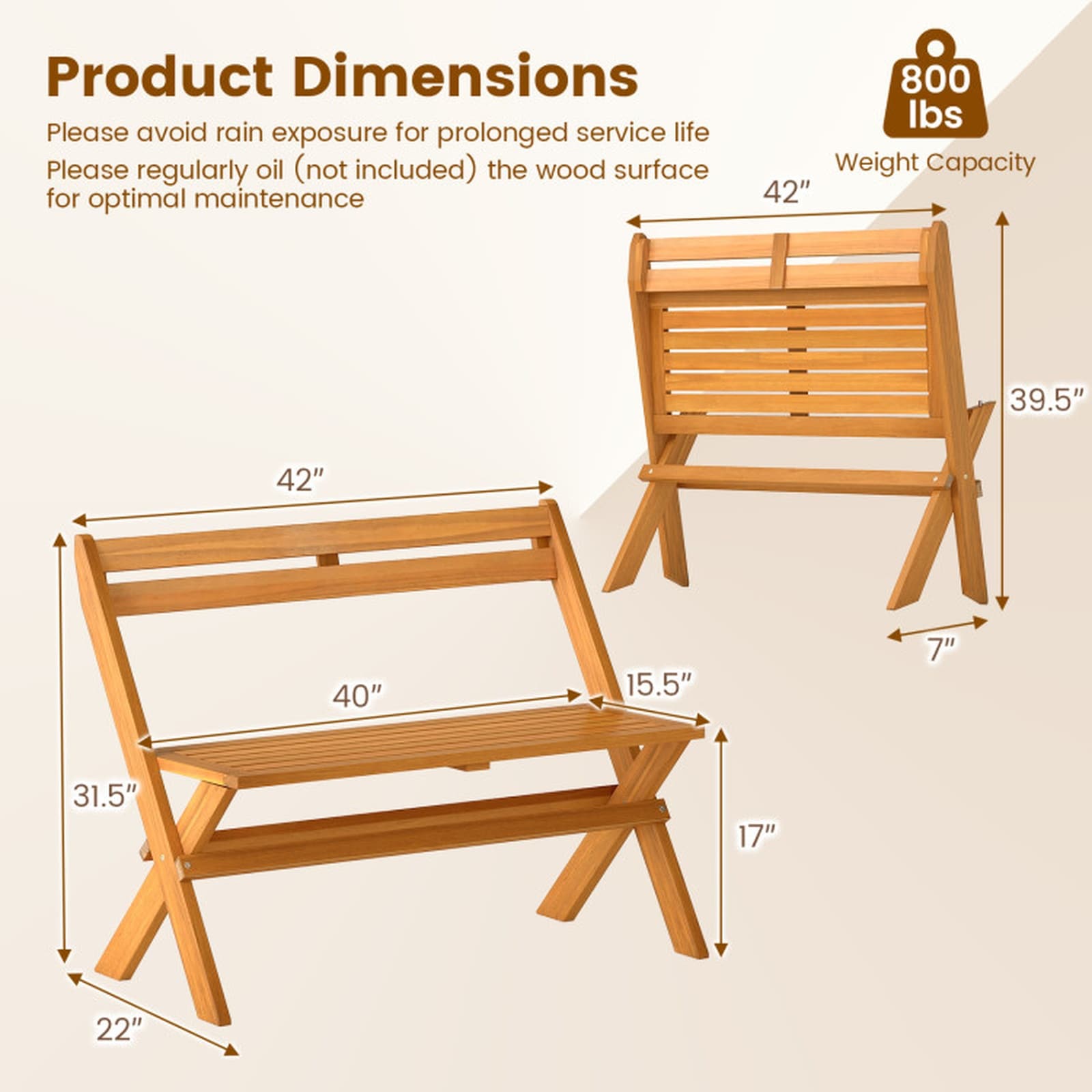 SUGIFT Natural 42-in 2-Person Acacia Wood Folding Patio Garden Bench ...