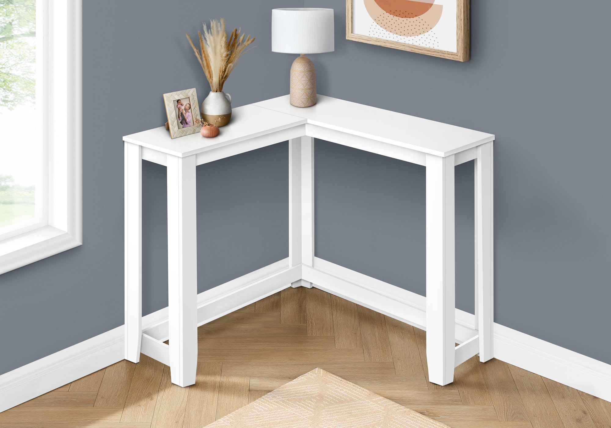 Vynxaria 36-in White Corner Composite Console Table with open profile ...