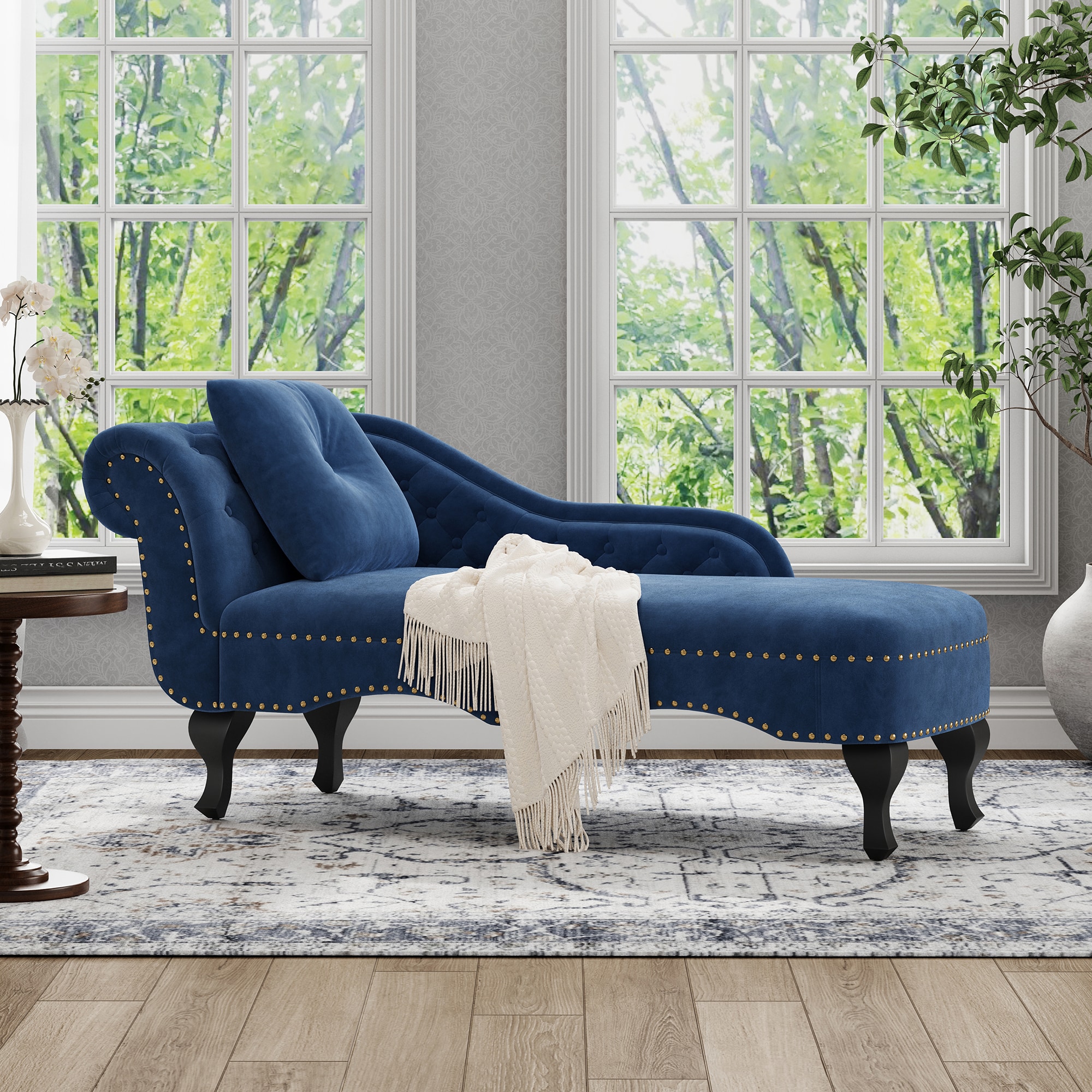 Christopher Knight Home - Marlen Navy Blue 62 Inch Velvet Chaise Lounge Indoor 1 Pillow Nailhead ...