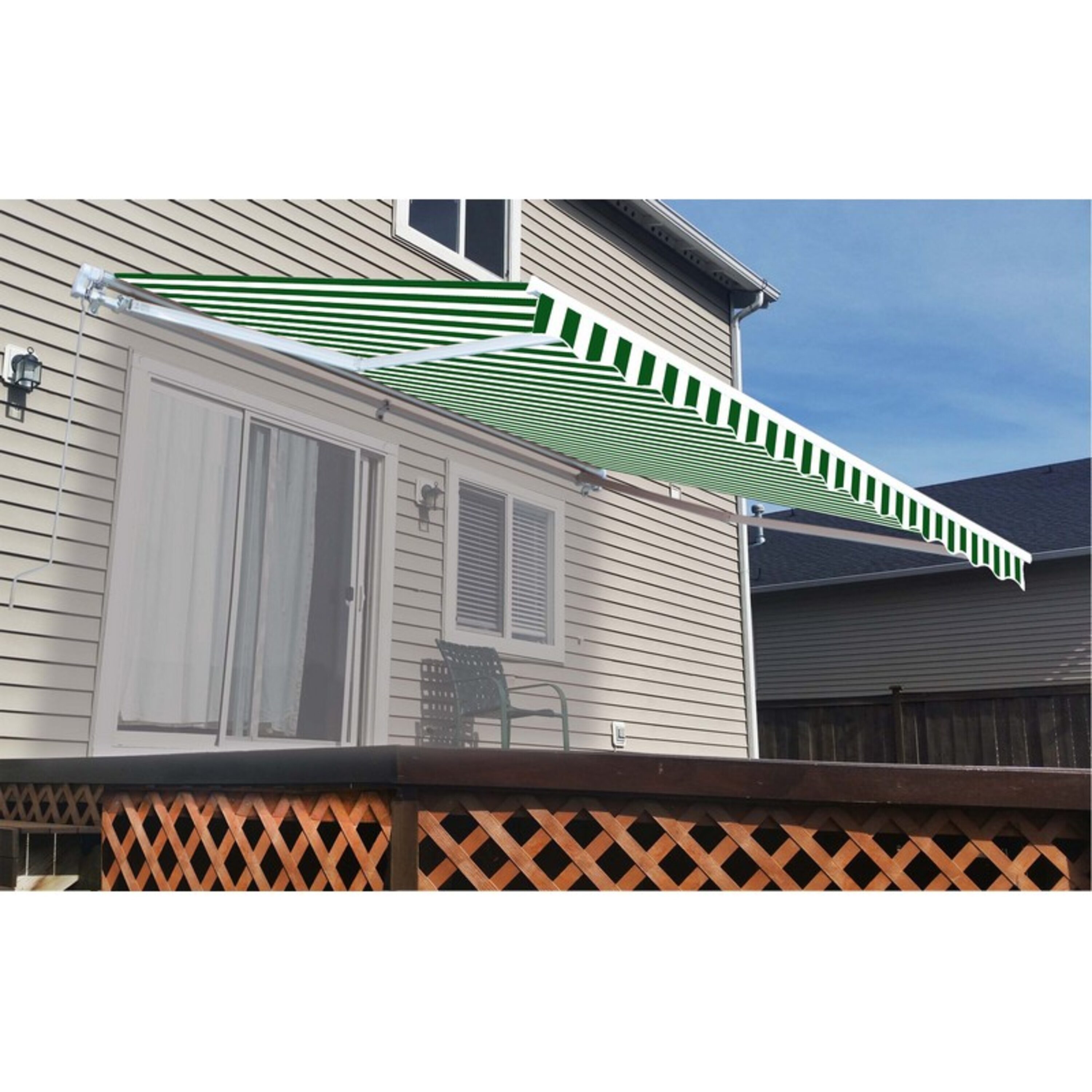 ALEKO AWM13X10GWSTR00-LO 156-Inches Wide x 120-Inches Projection x 10-Inches Height Metal Green White Striped Motorized Retractable Patio Awning
