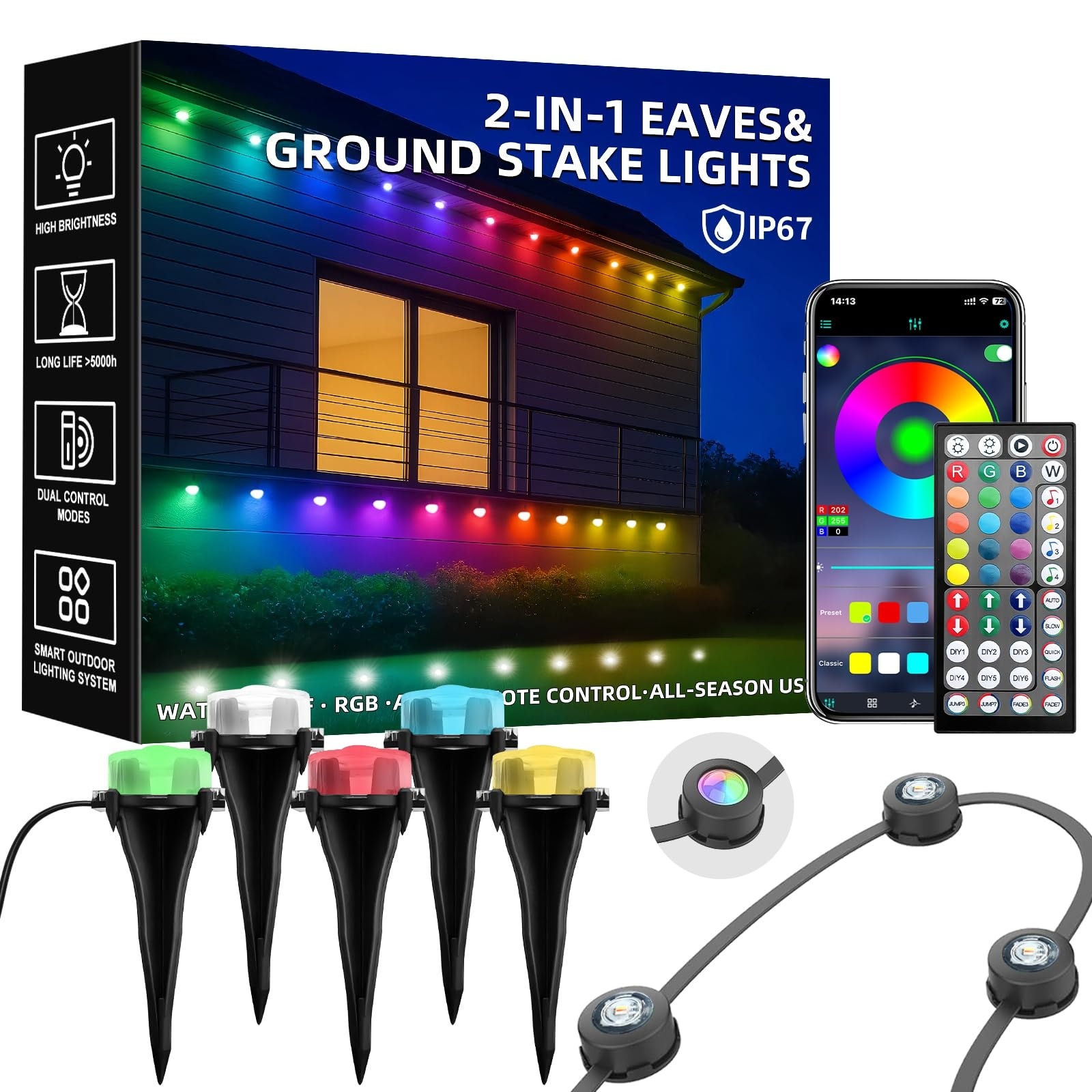 Oyezvary  50FT Permanent Outdoor LED String Lights Waterproof Color Changing App and Remote Control Kit for Eaves or Ground Stakes House Garden