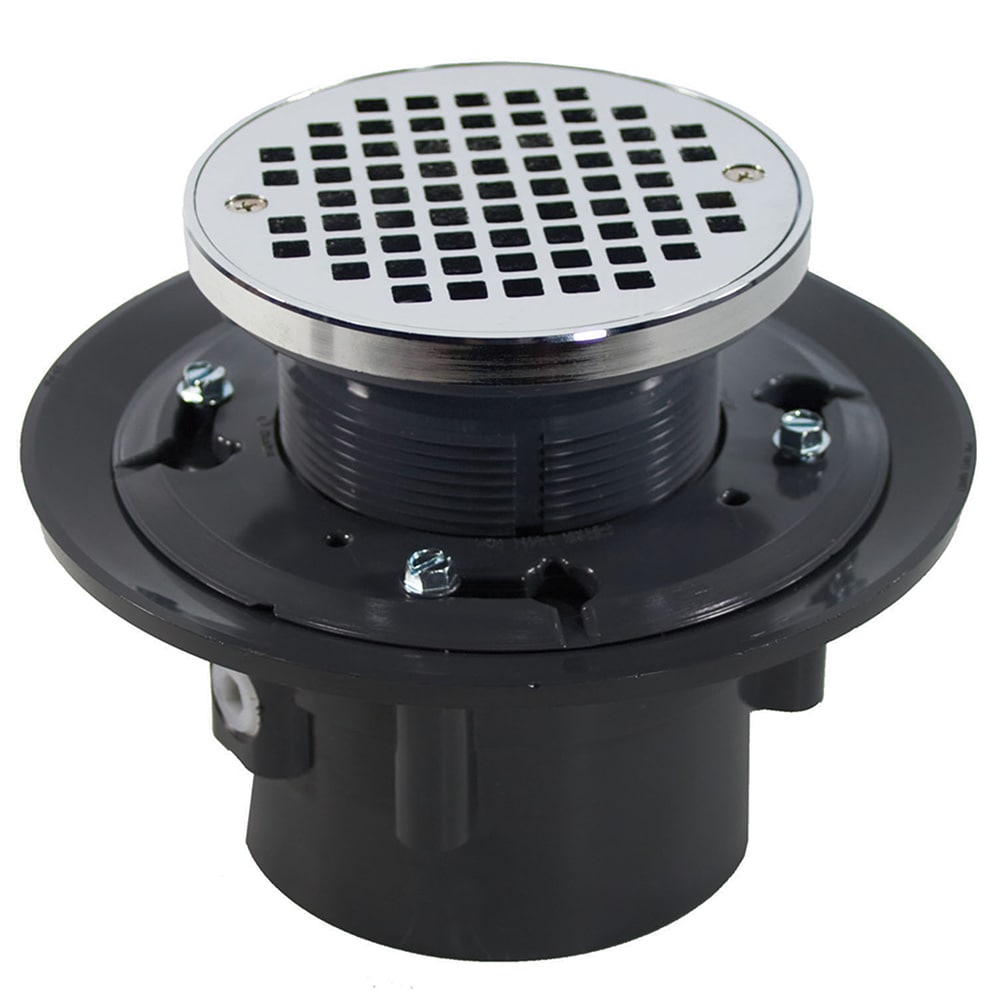 Jones Stephens D49035 2 inch x 3 inch Heavy Duty PVC Floor Drain Base with 3-1/2 inch Plastic Spud, 8-1/2 inch Pan and 5 inch Chrome Plated Round Strainer with Ring