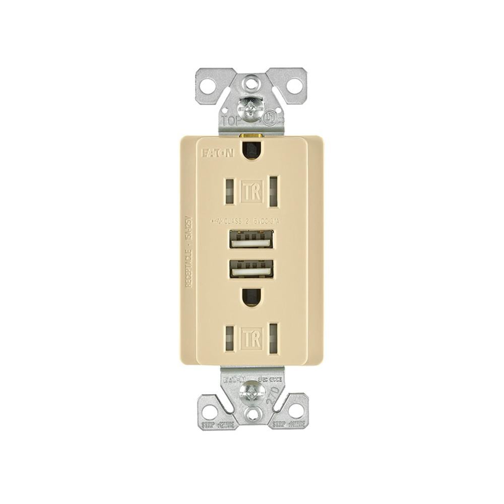 Eaton TR7755V-K-L 15-Amp Tamper Resistant Residential/Commercial Decorator USB Outlet, Ivory