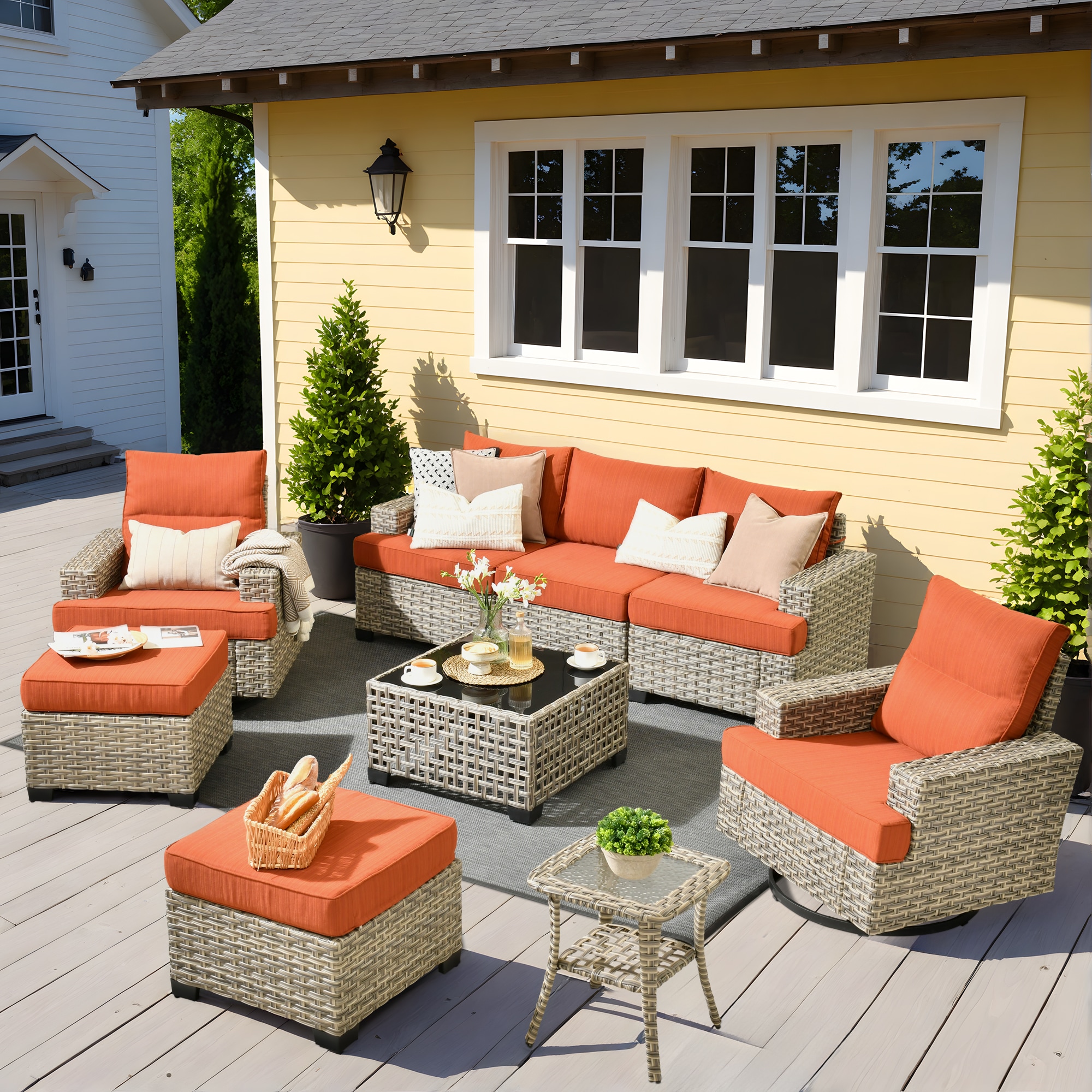 Pouuin STYZBS807 7 -Piece Wicker Patio Sofa Conversation Set with Orange Cushions