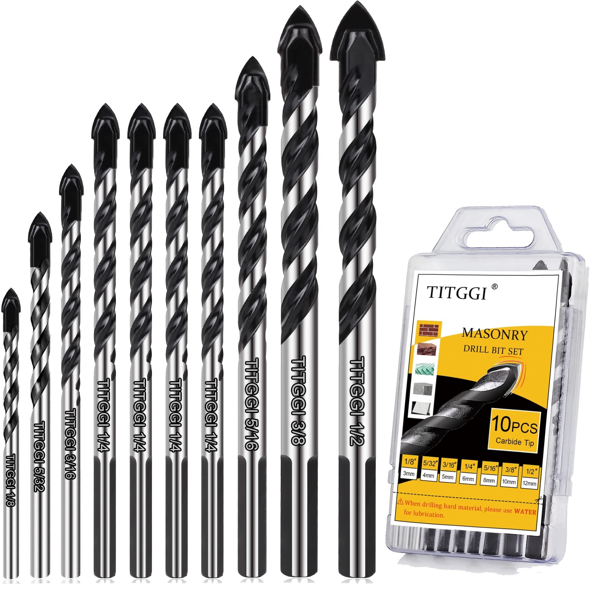 Aoibox  10 Piece Tungsten Carbide masonry and concrete drill bit set with carbide cutting tips for concrete masonry and tile