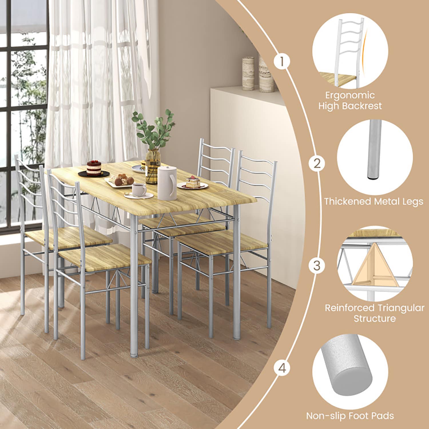 Walnut and Silver Metal 5-Piece Dining Set with MDF Chairs