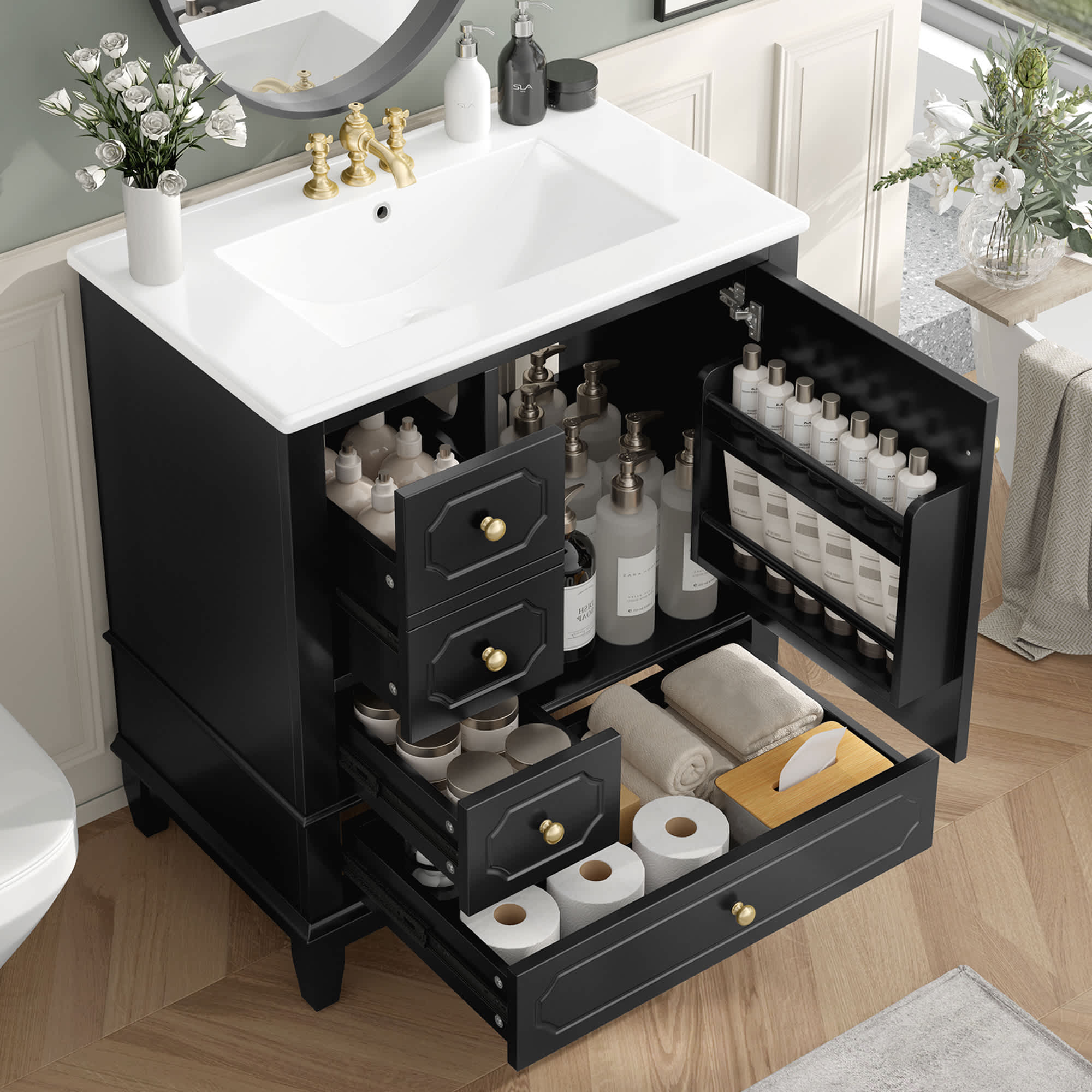 Misty Moon LW0402-296569B 30-Inch Bathroom Vanity with Sink Freestanding Black Vanity Cabinet with Ceramic Basin Solid Wood Frame Soft-Close Door 3 Drawers Painted MDF  Rubber Wood Storage Shelves Included